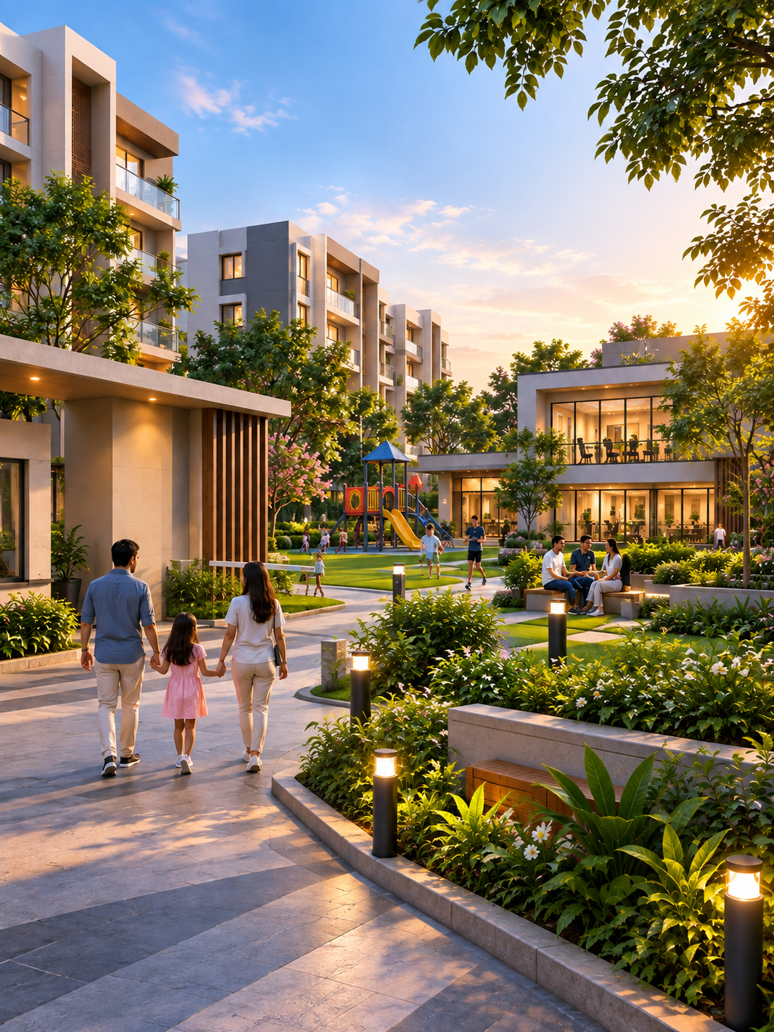 Housing community at sunset
