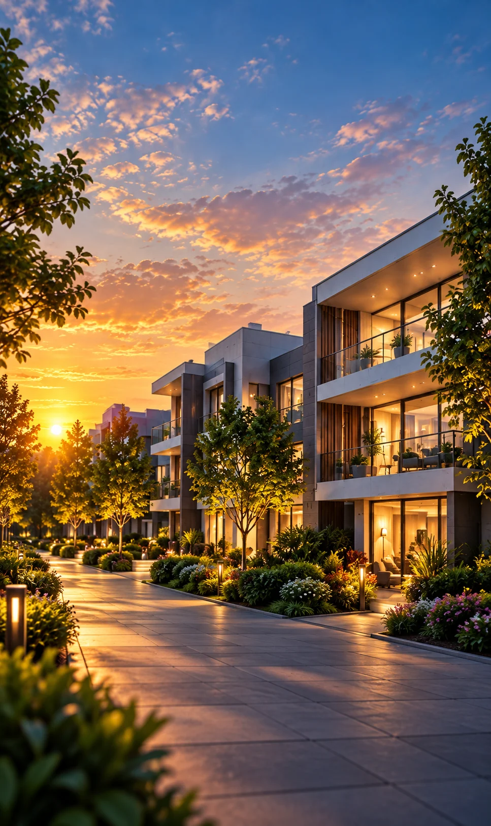 Housing community at sunset