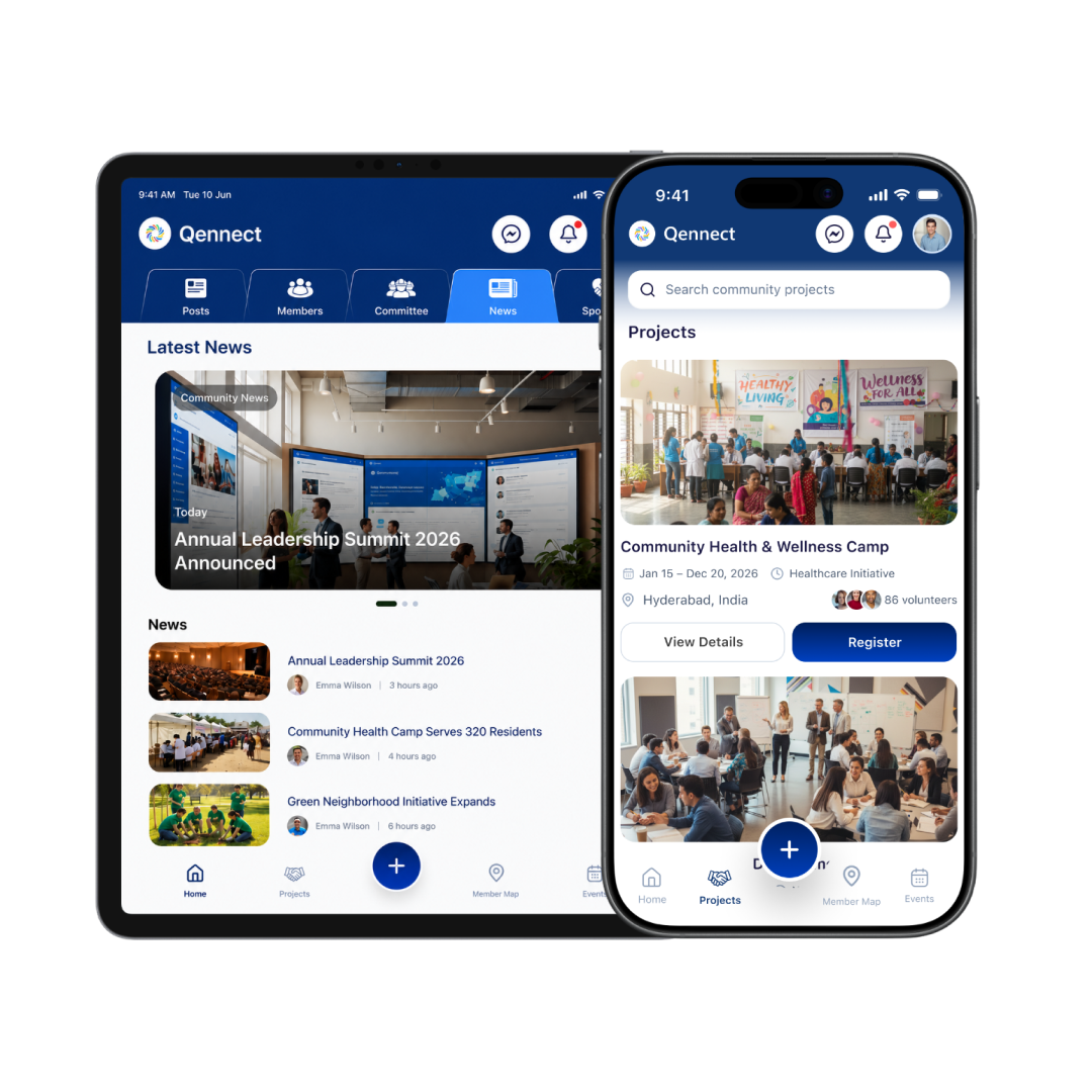 Qennect app news and projects feed for private communities