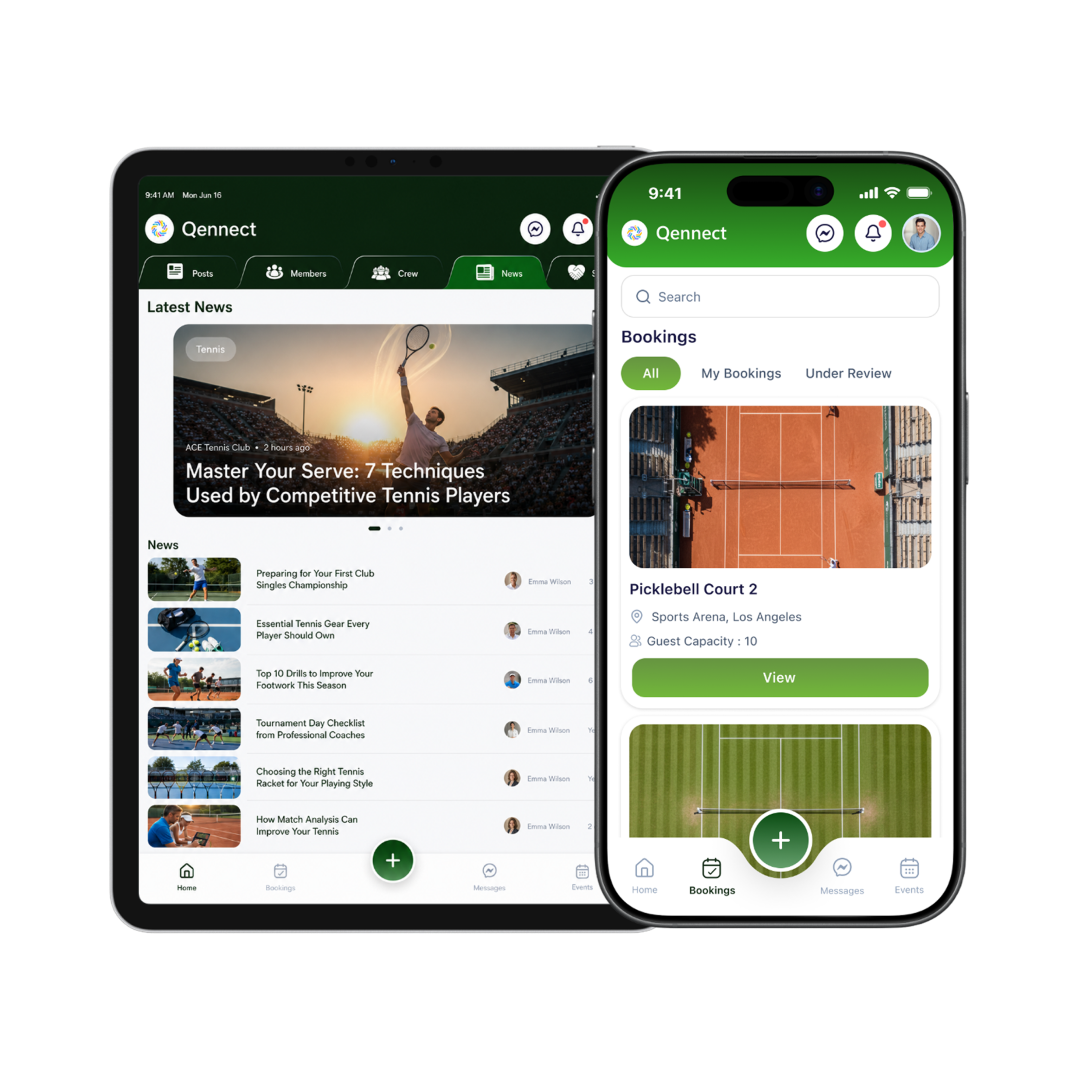 Qennect app news and bookings feed for sports clubs