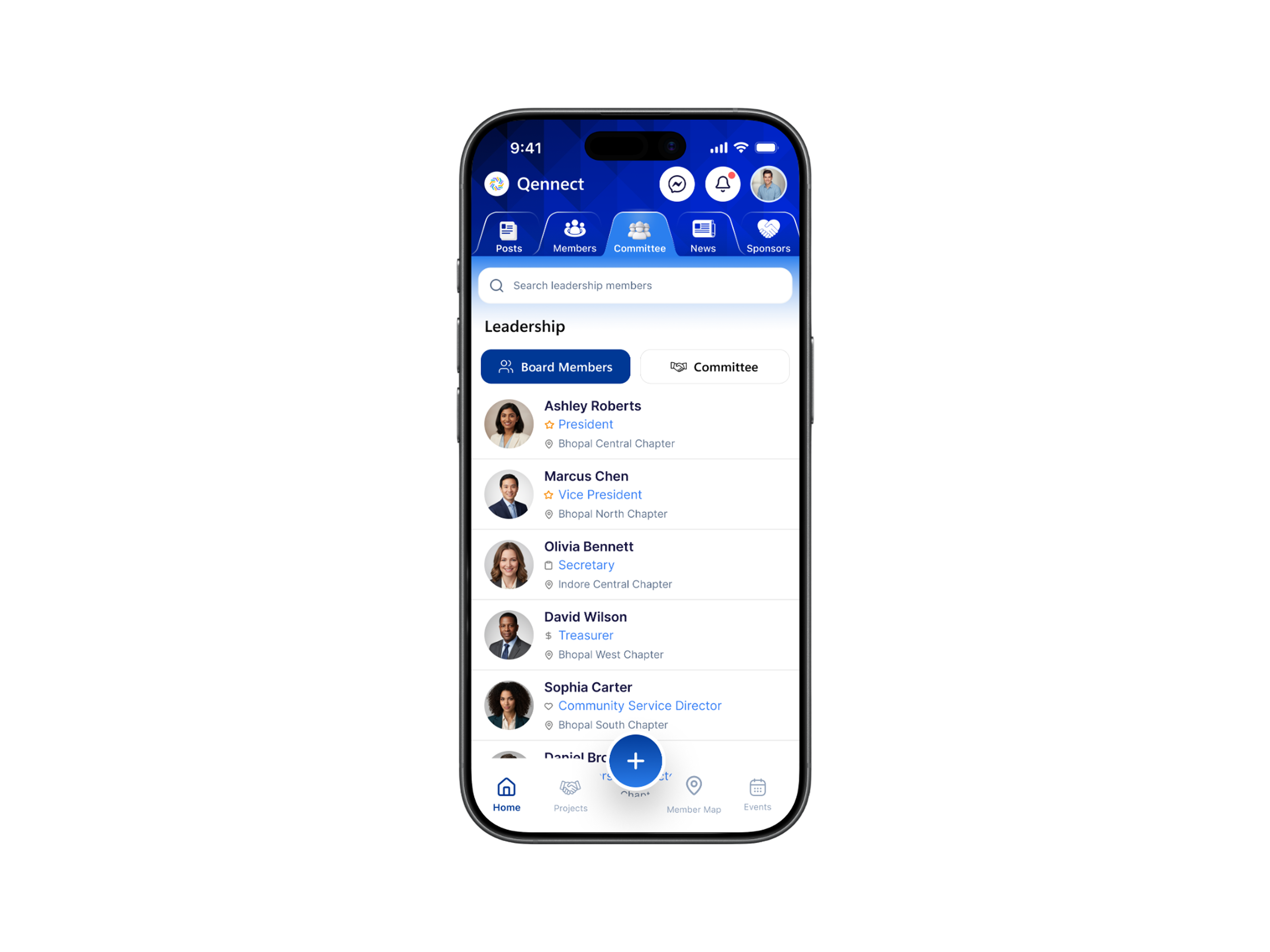 Qennect members app leadership list showing president, vice president and secretary