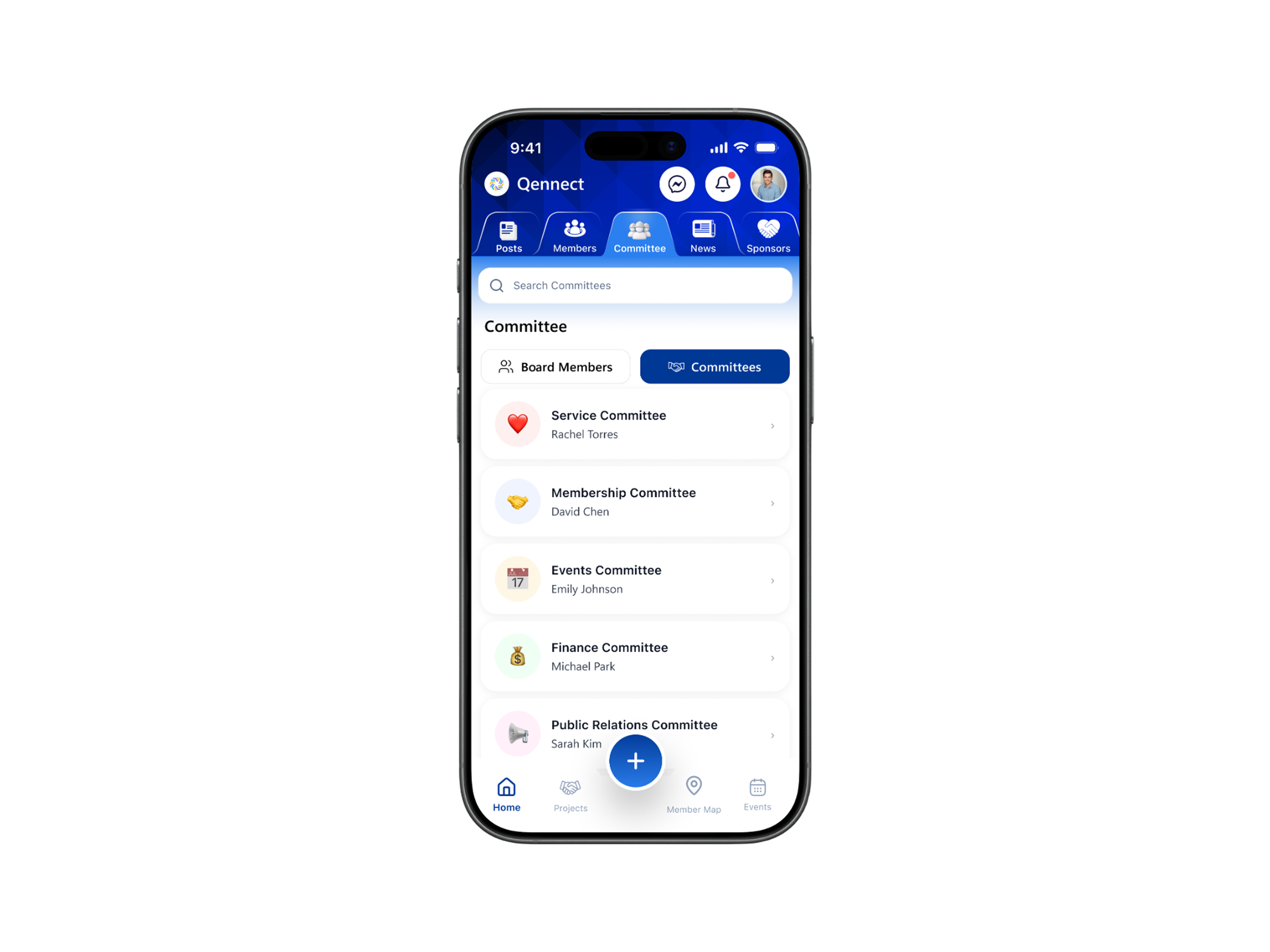 Qennect members app committee list showing service, membership and finance committees