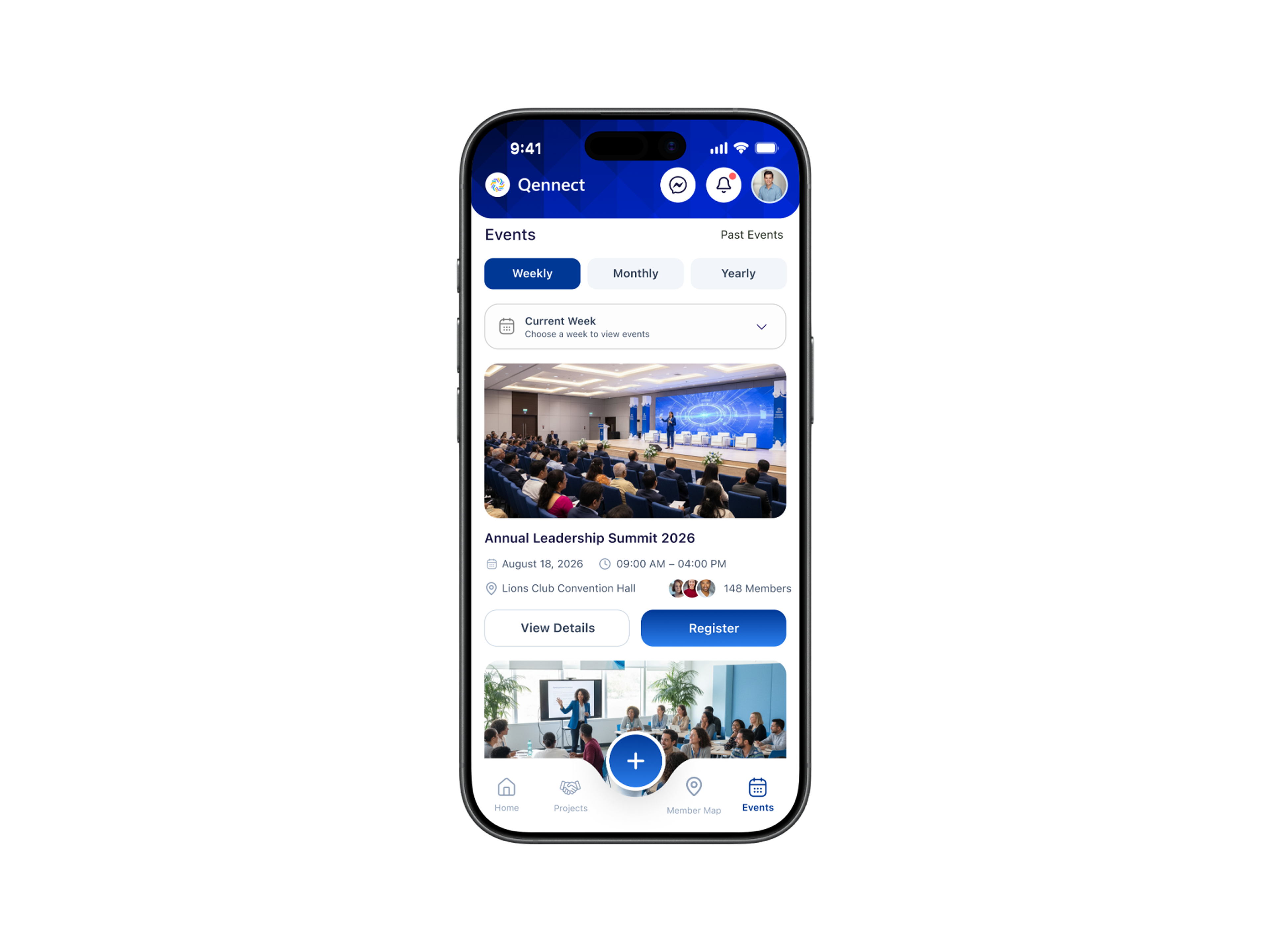 Qennect members app events calendar showing an annual leadership summit