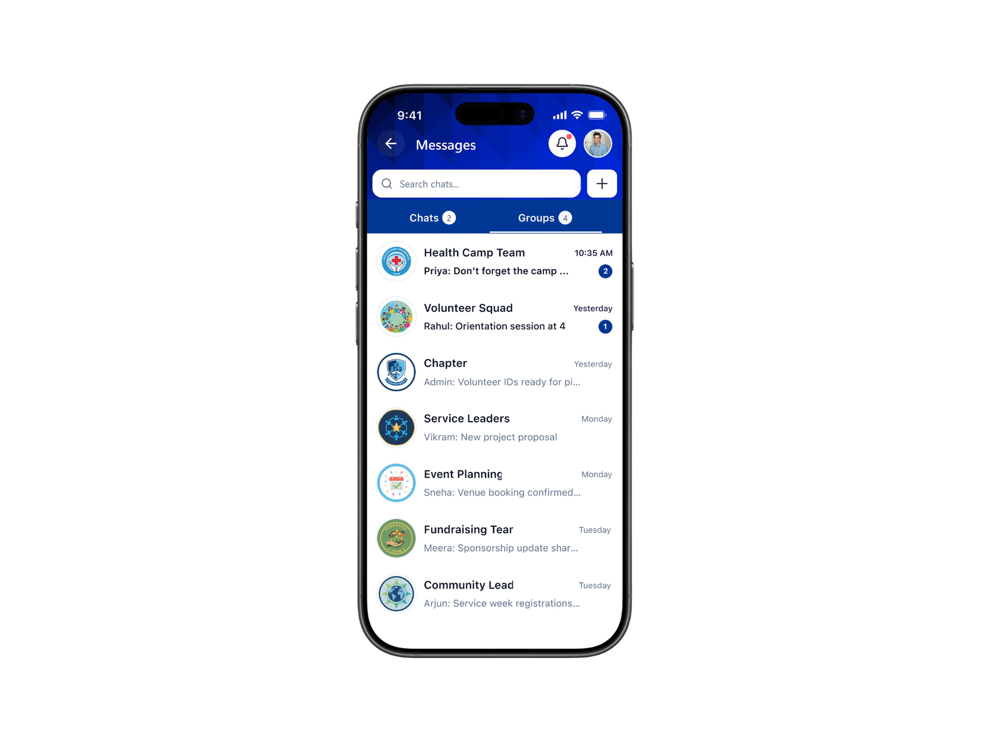 Qennect members app group chat list showing committee and event planning groups