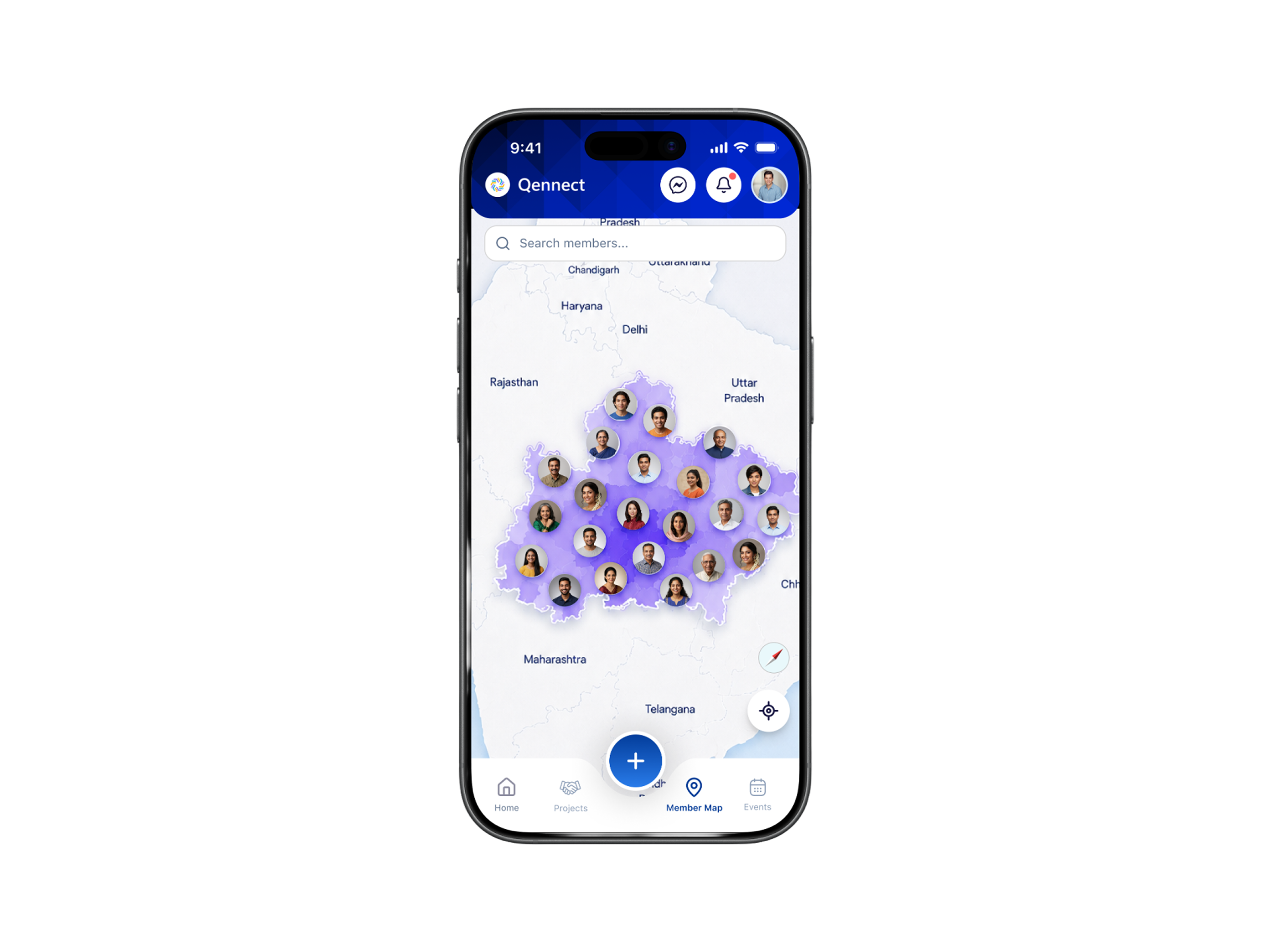 Qennect members app member map with members pinned across the region