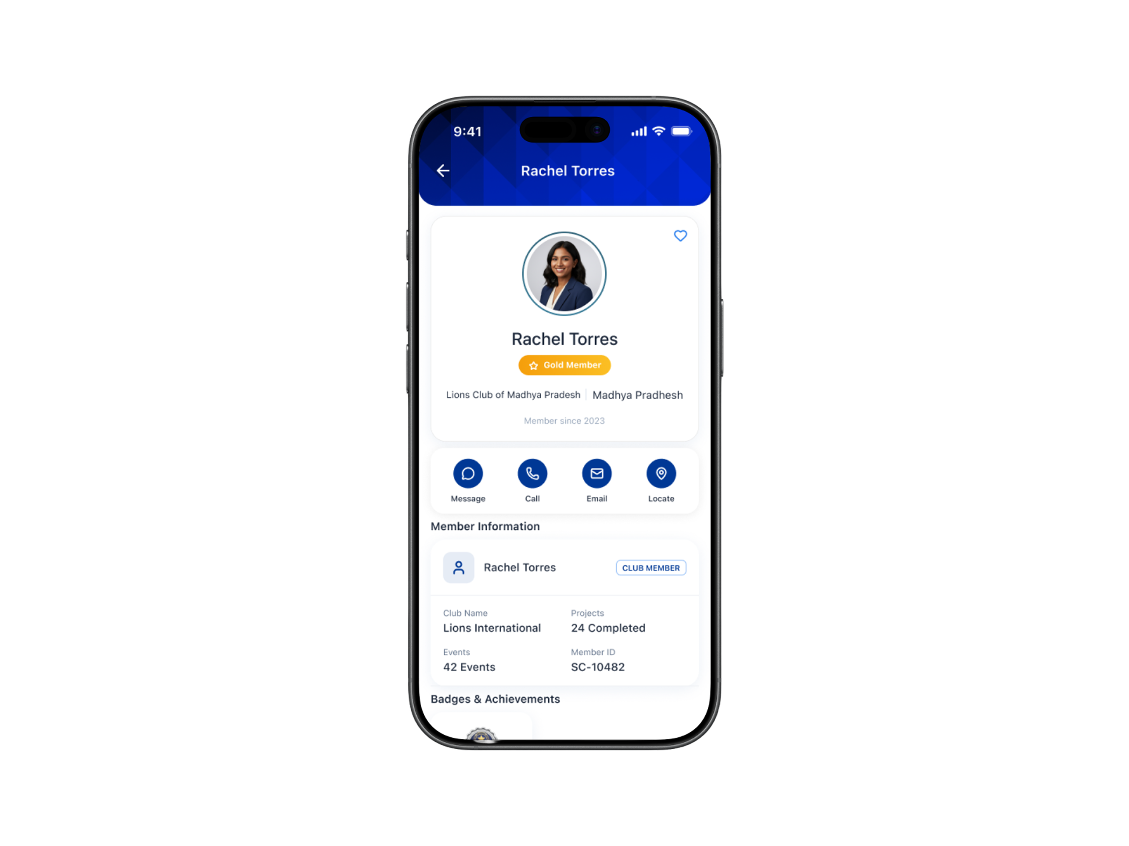 Qennect members app member profile with contact actions and membership details