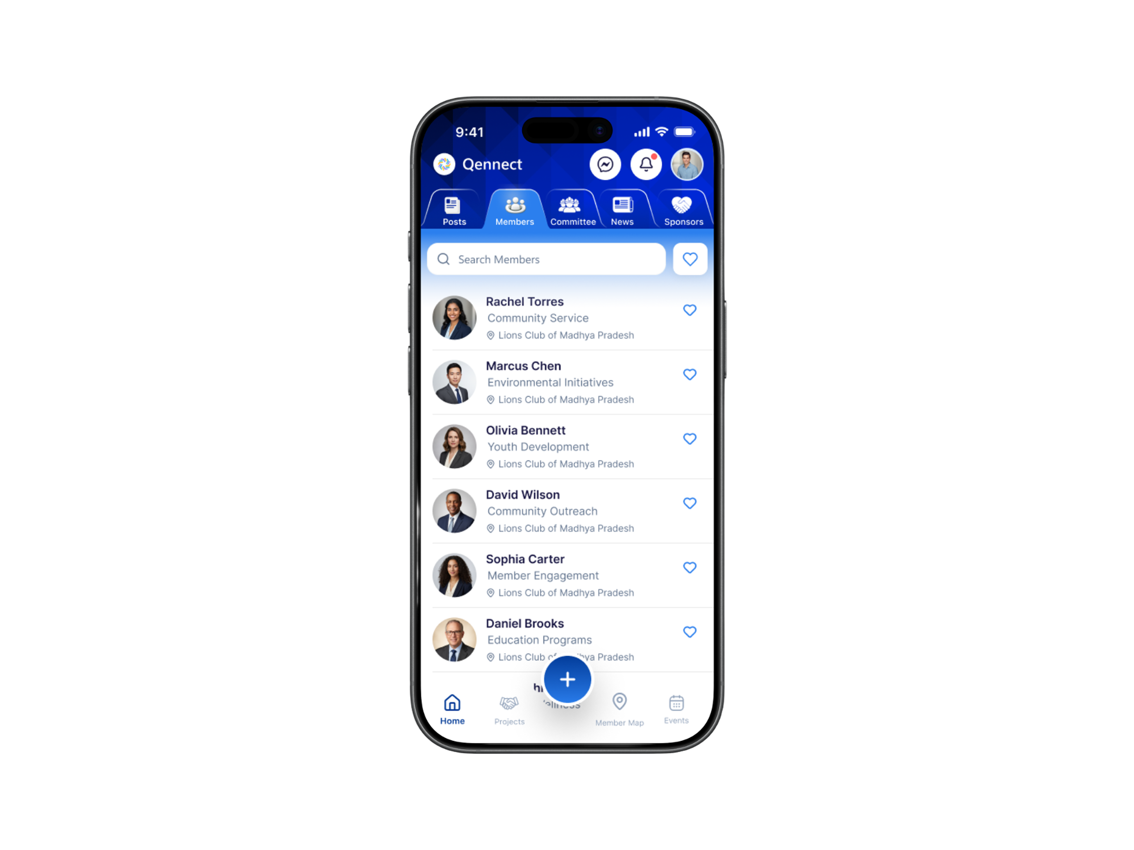 Qennect members app directory listing members and their focus areas