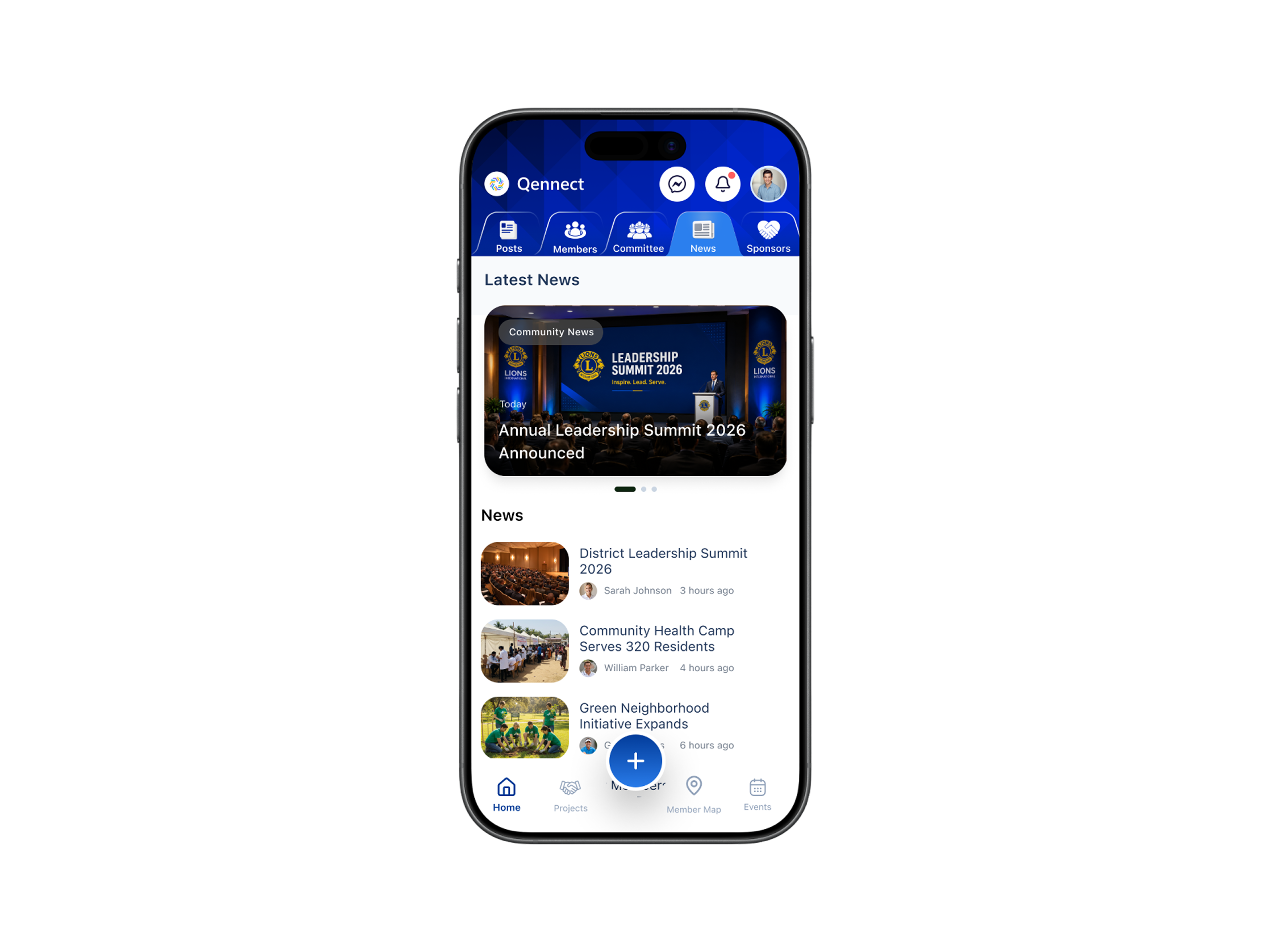 Qennect members app news feed with a leadership summit announcement