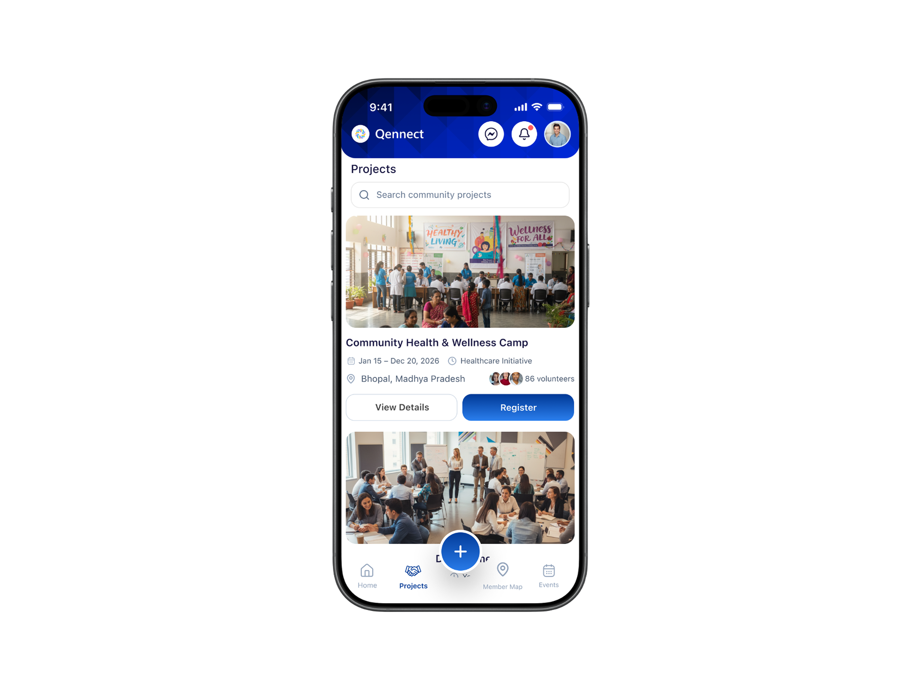 Qennect members app community project listing with volunteer count