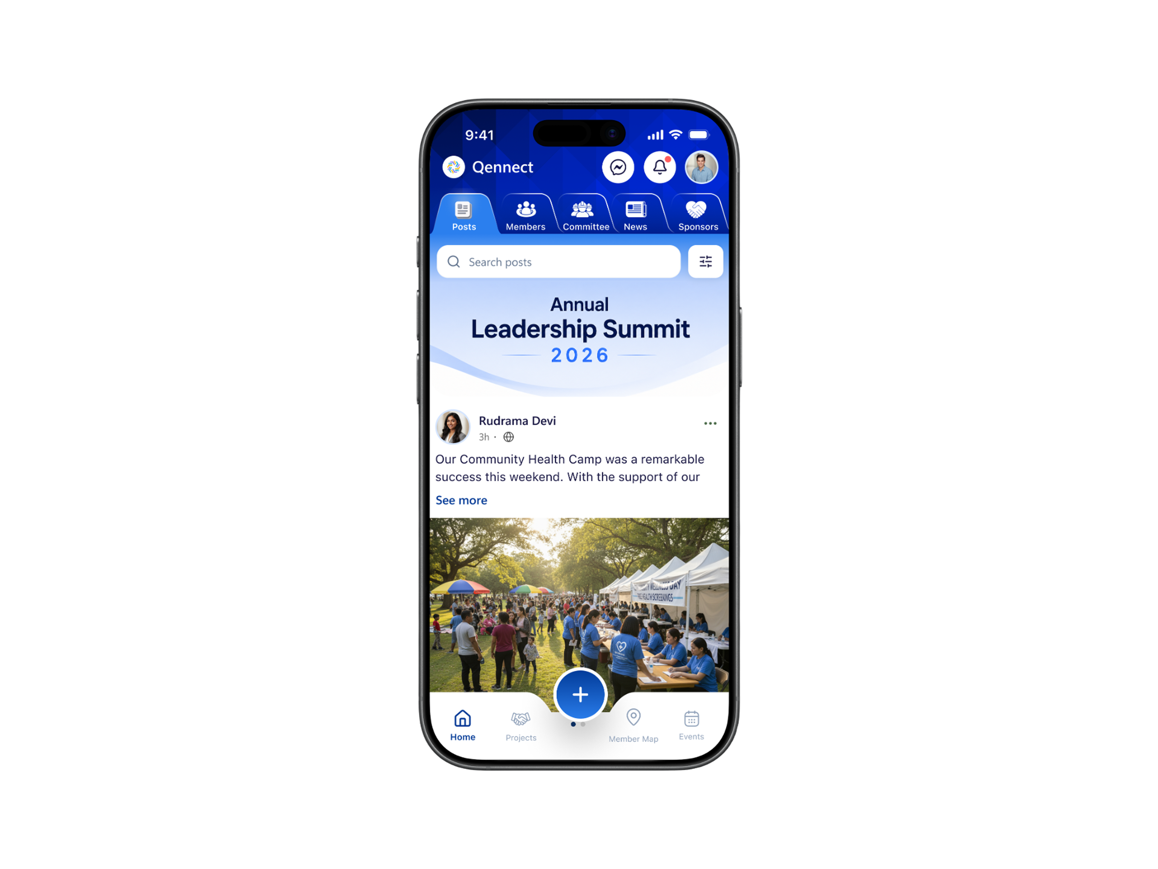 Qennect members app social feed with a post about a community health camp