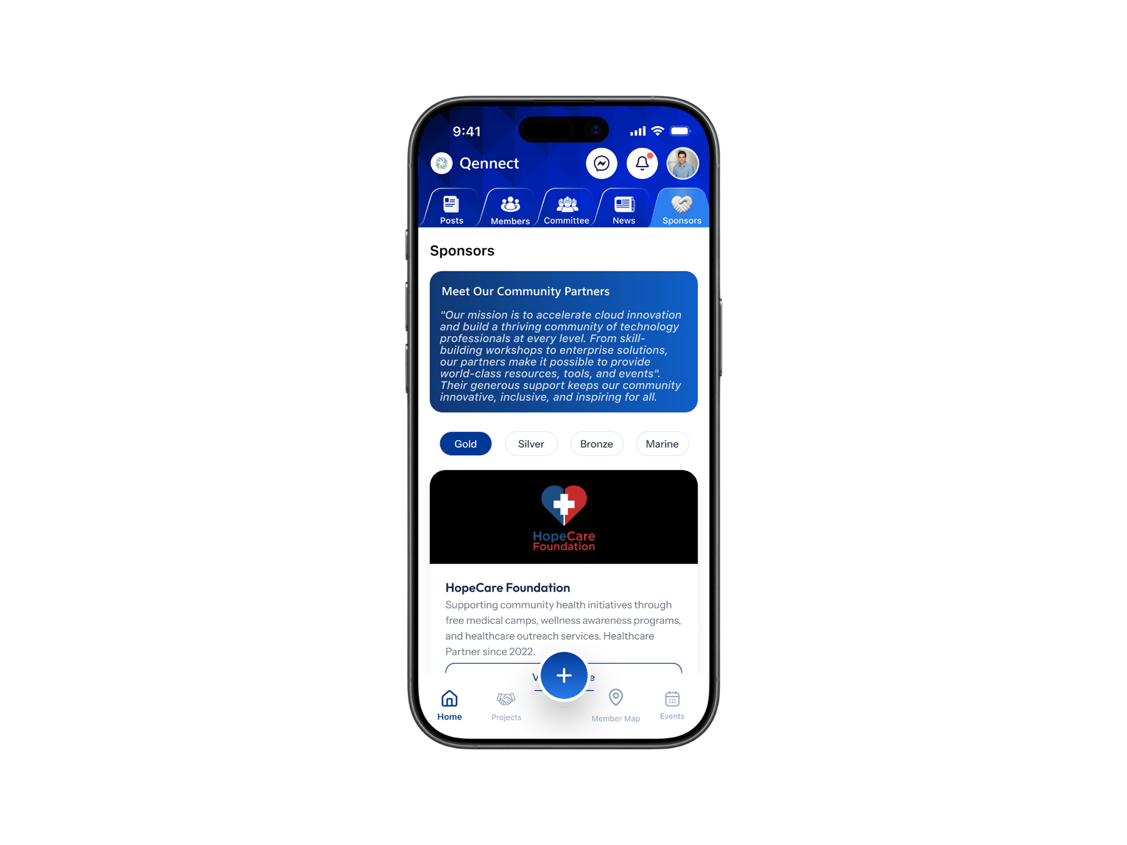 Qennect members app sponsors list showing a gold-tier community partner