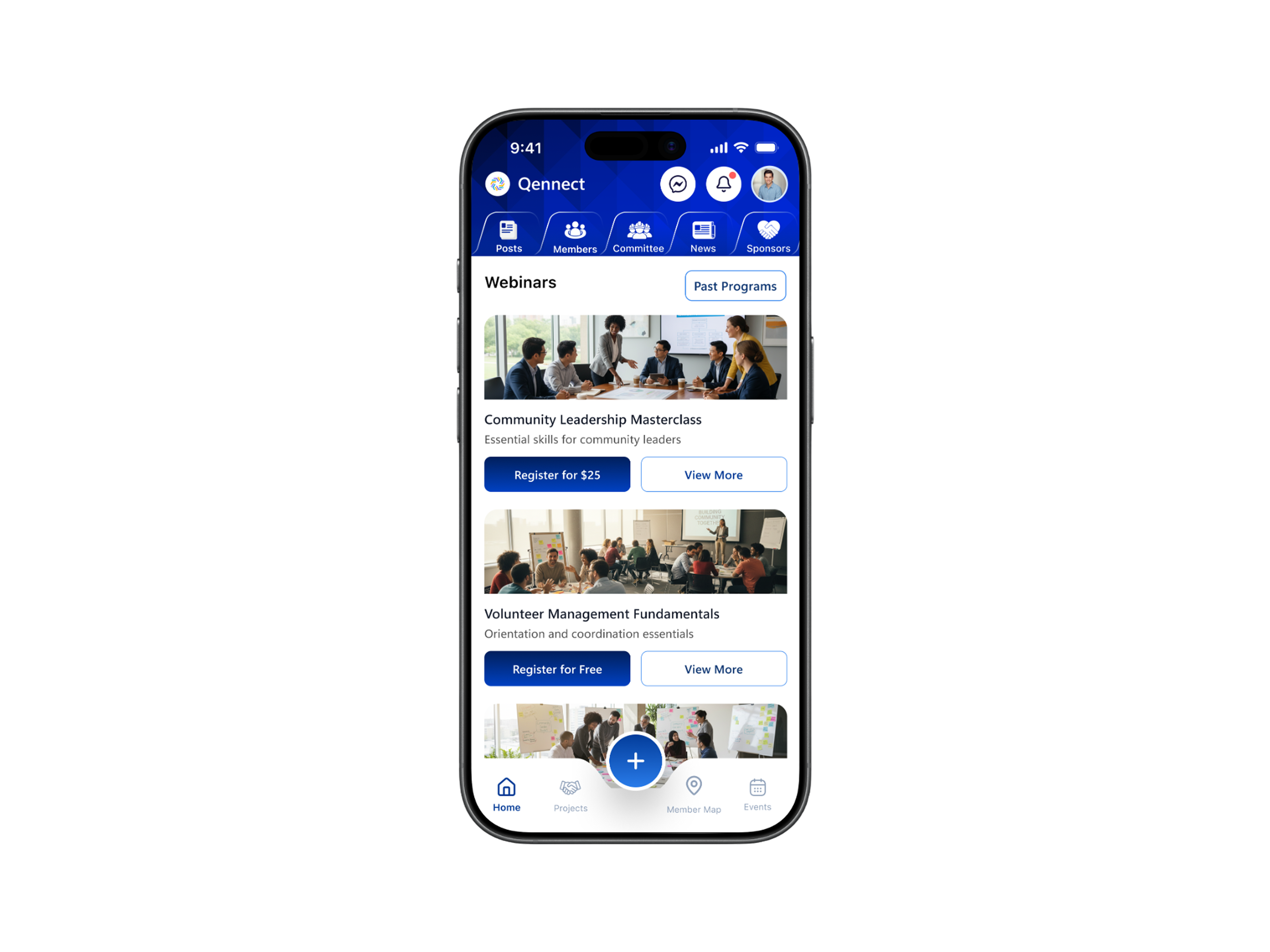 Qennect members app webinars list including a community leadership masterclass