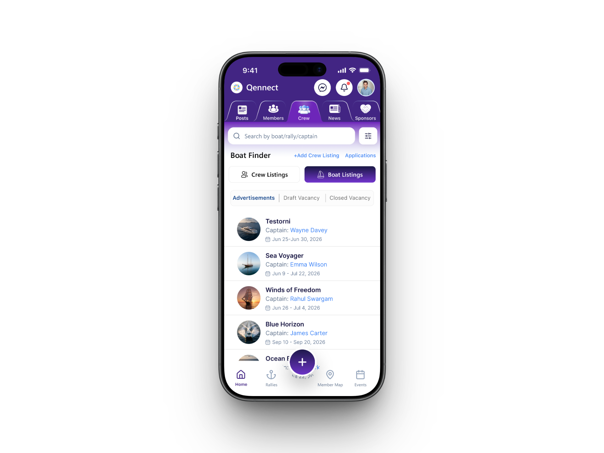 Qennect sailing app boat finder listing vessels with their captains and dates