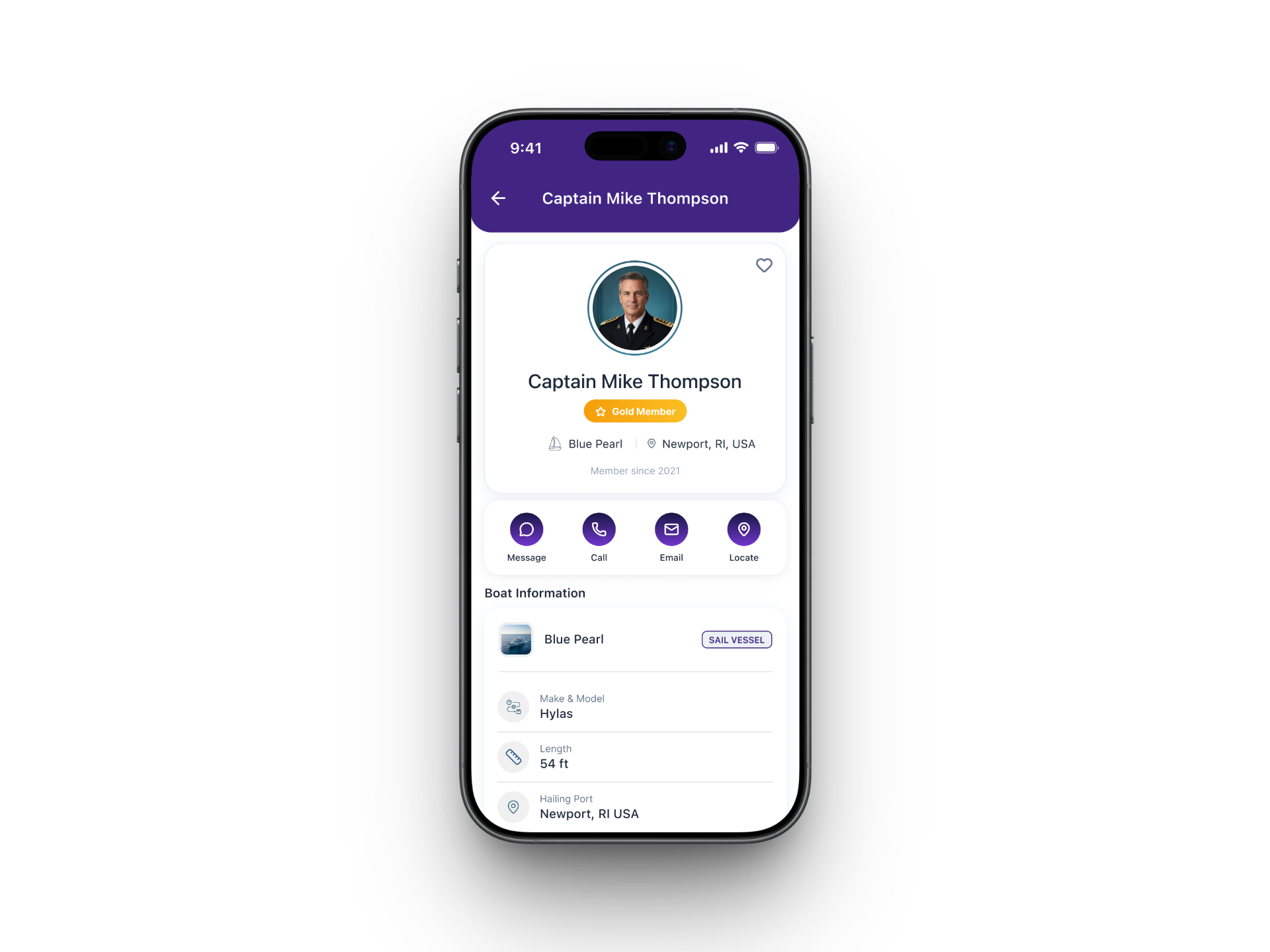 Qennect sailing app captain profile showing boat information and contact actions