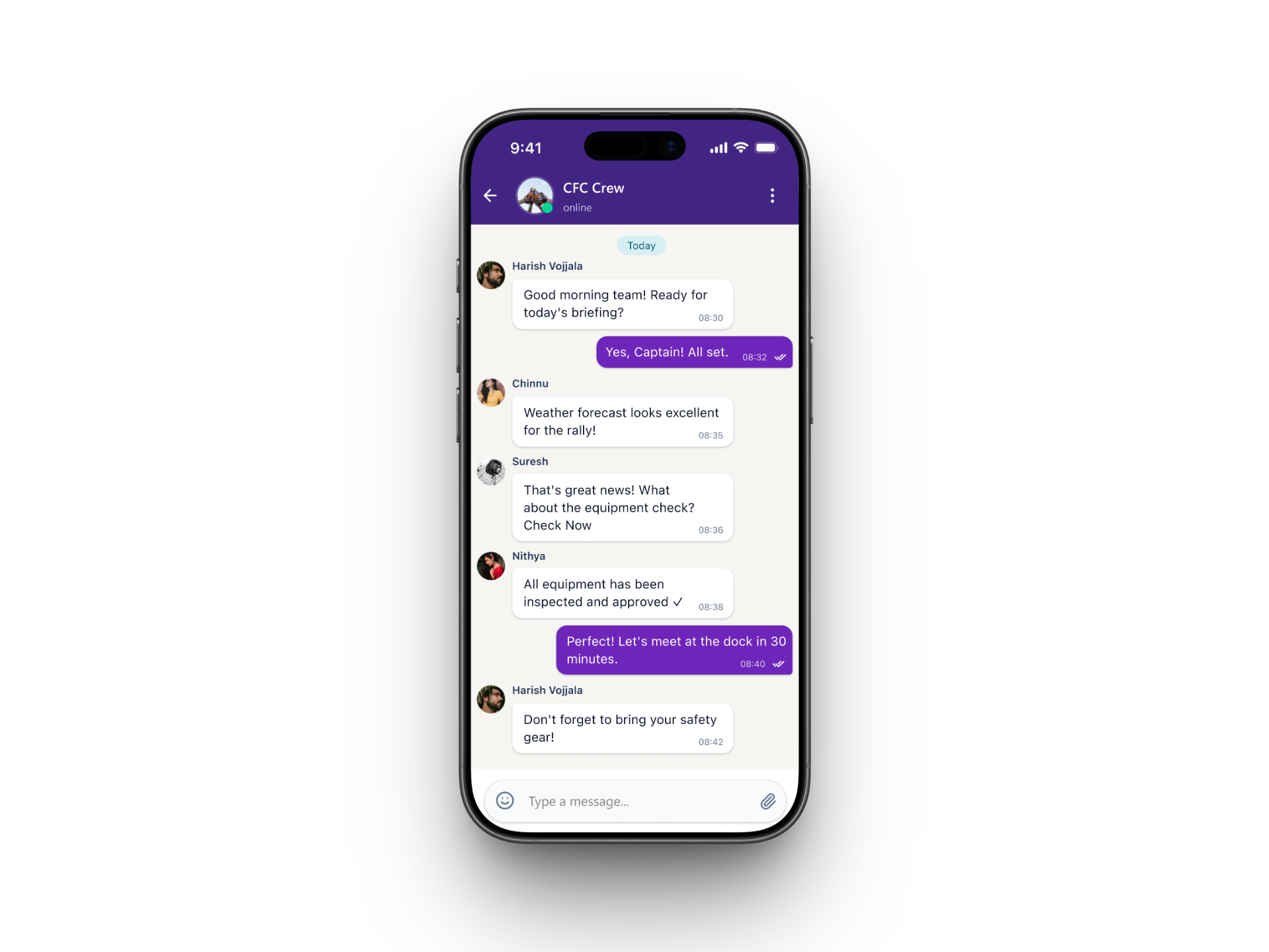 Qennect sailing app crew group chat coordinating a pre-rally briefing