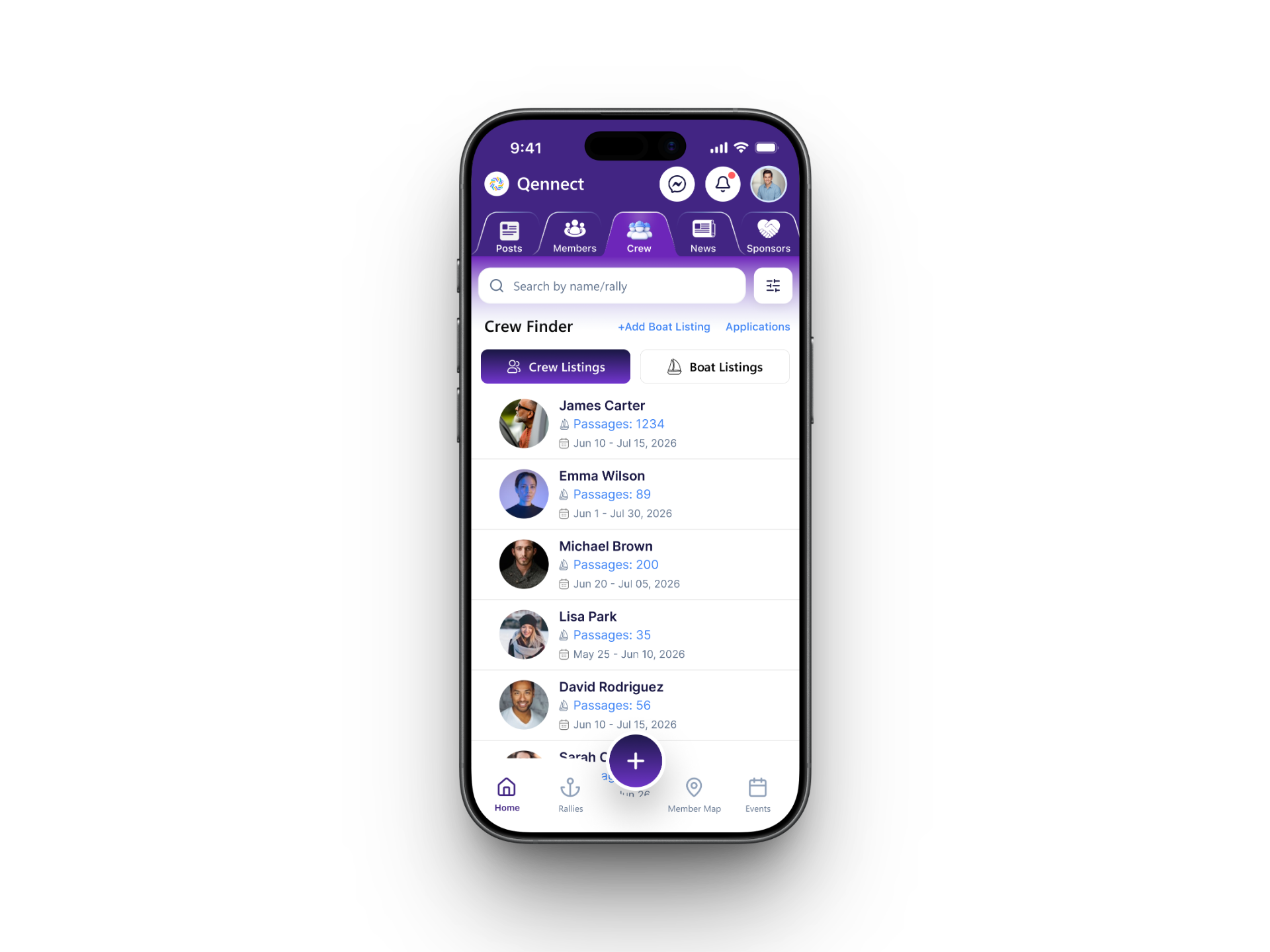 Qennect sailing app crew finder listing crew members with passage counts