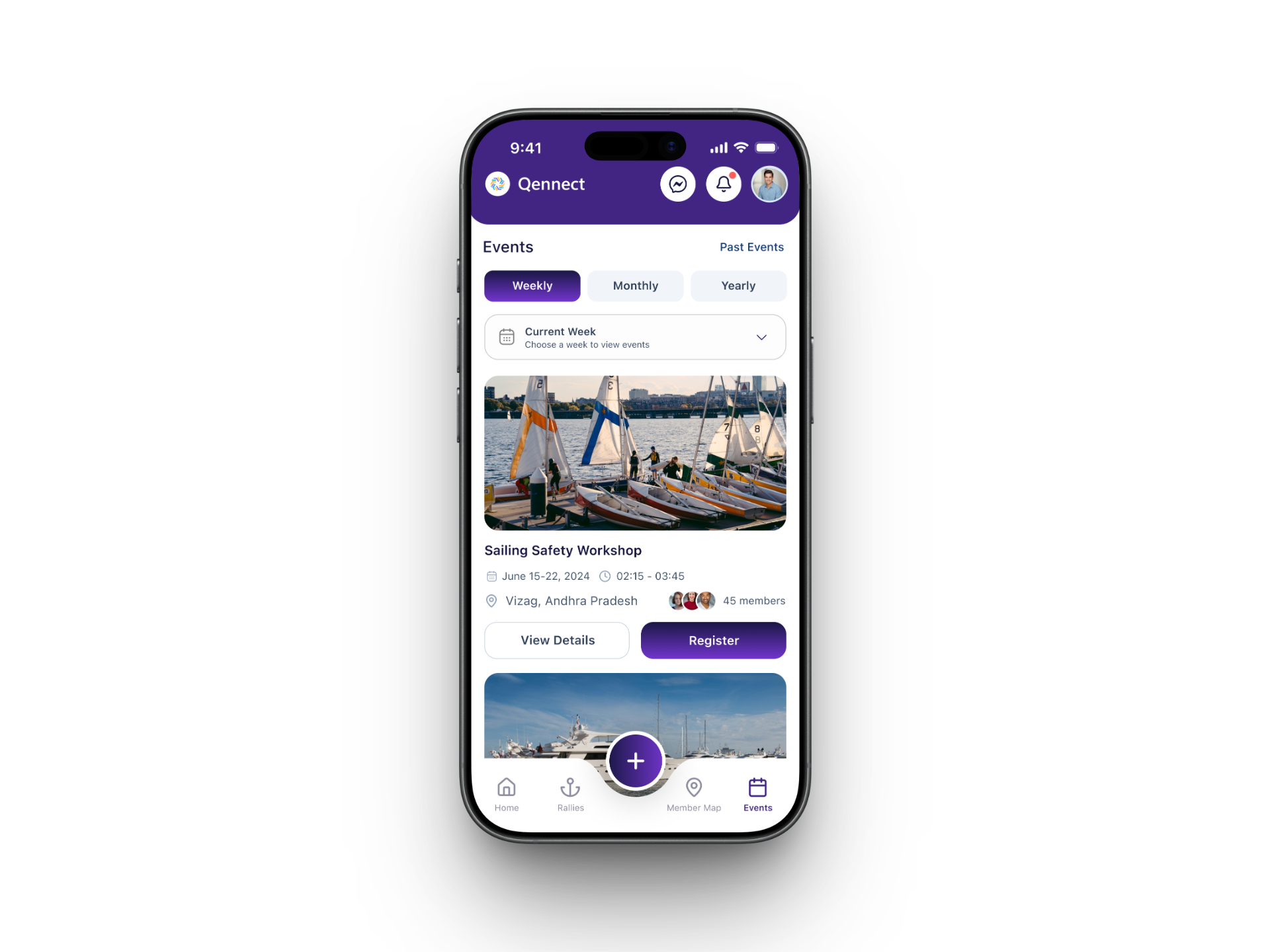 Qennect sailing app events calendar showing a sailing safety workshop
