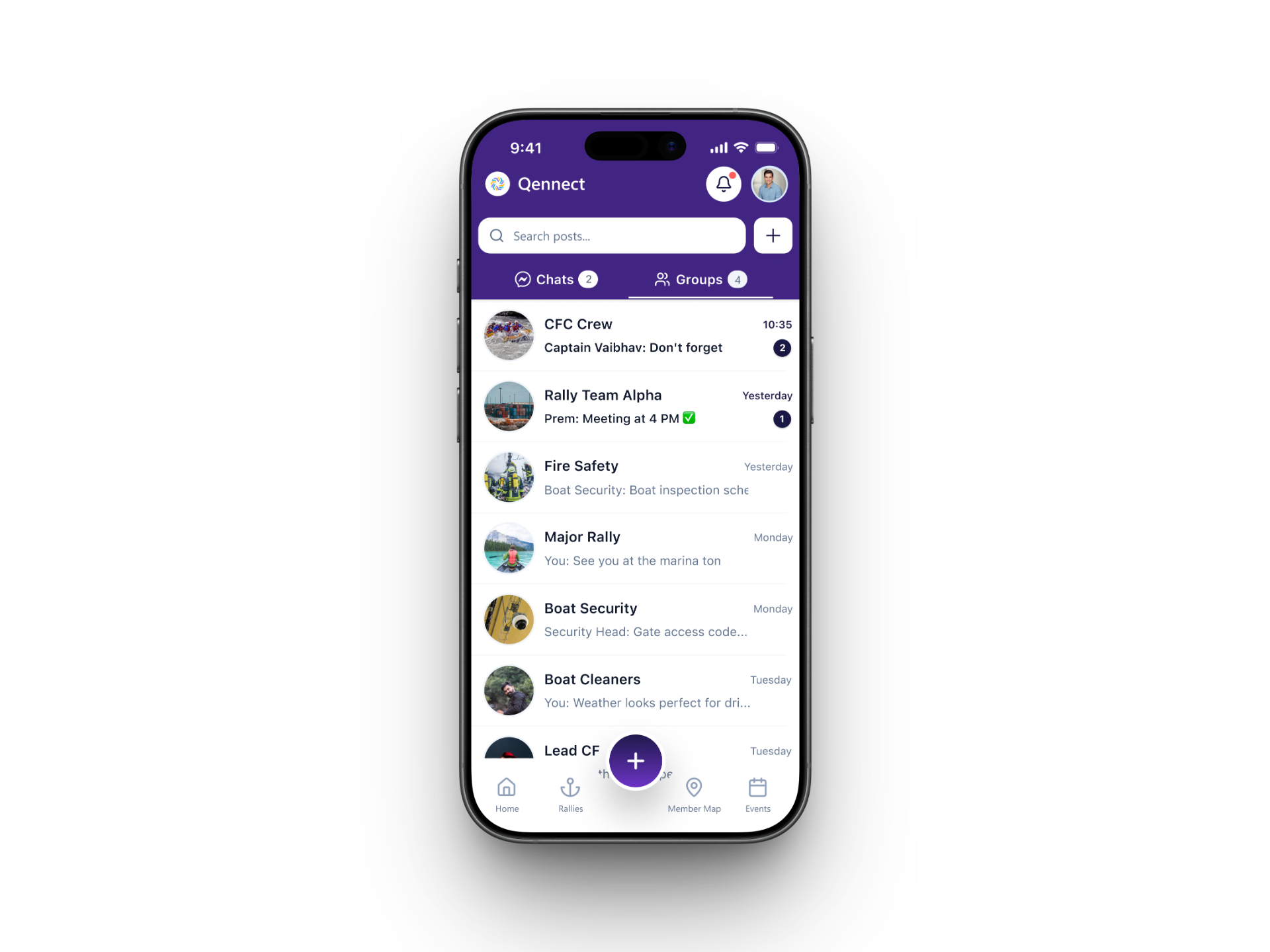 Qennect sailing app chat list showing crew, safety and security groups