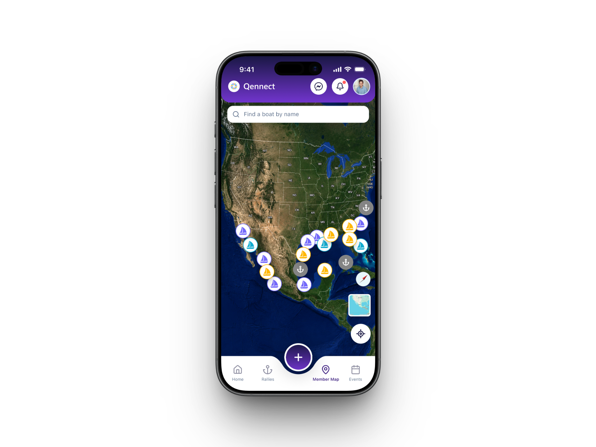 Qennect sailing app member map with boat pins across the coast