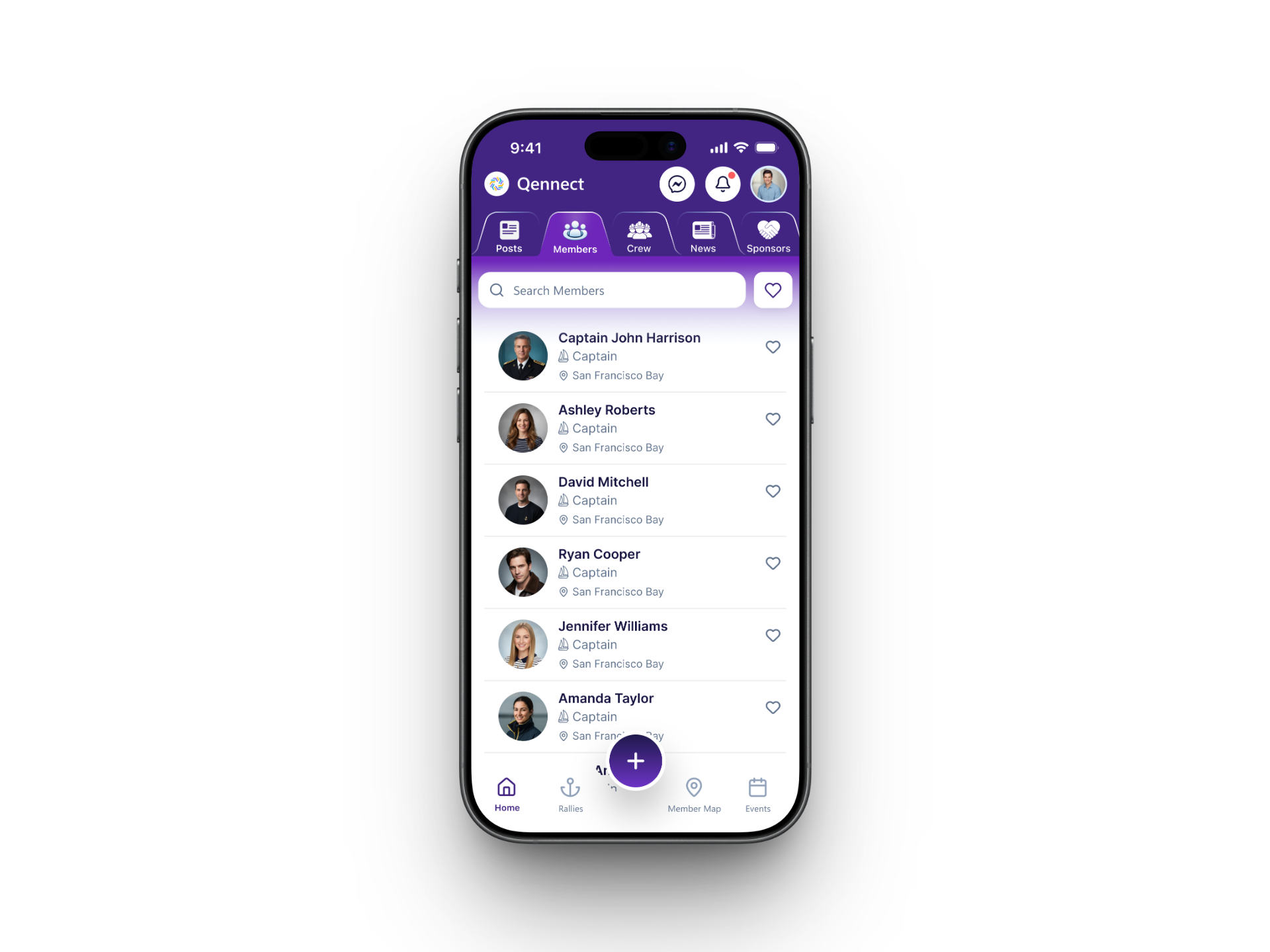 Qennect sailing app member directory listing captains and their home ports