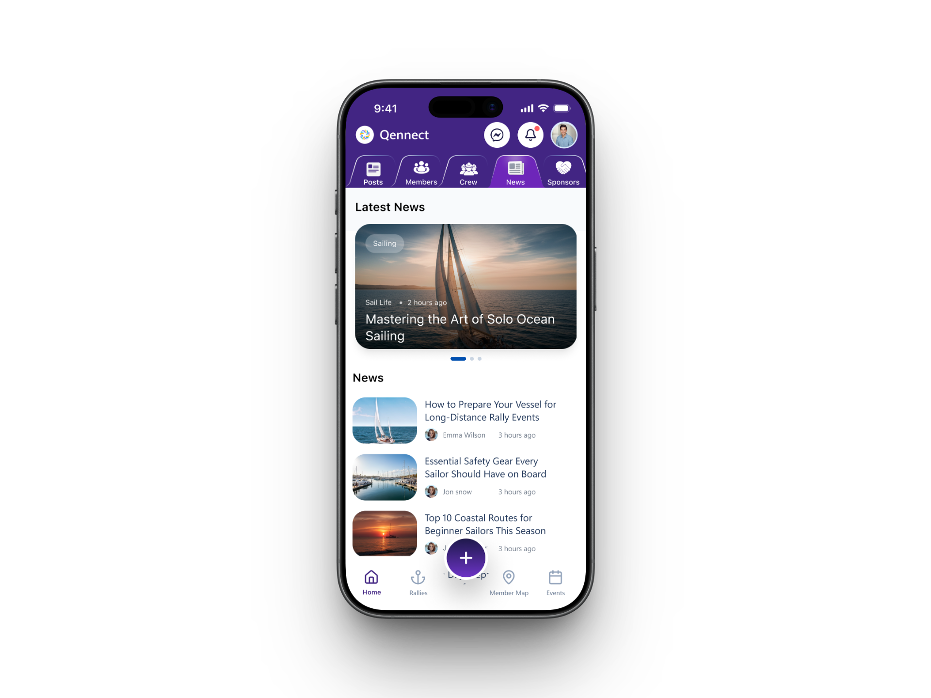 Qennect sailing app news feed with featured sailing articles
