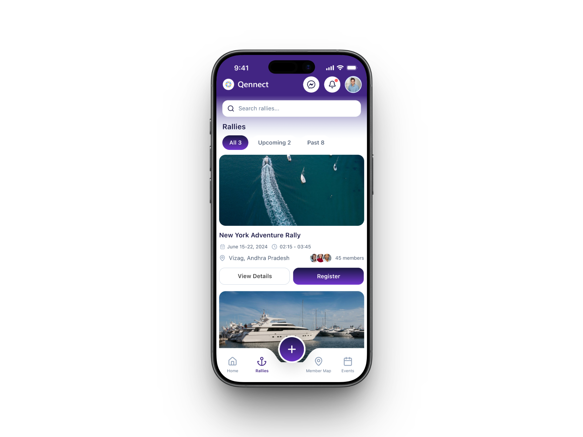 Qennect sailing app rallies list with an adventure rally open for registration