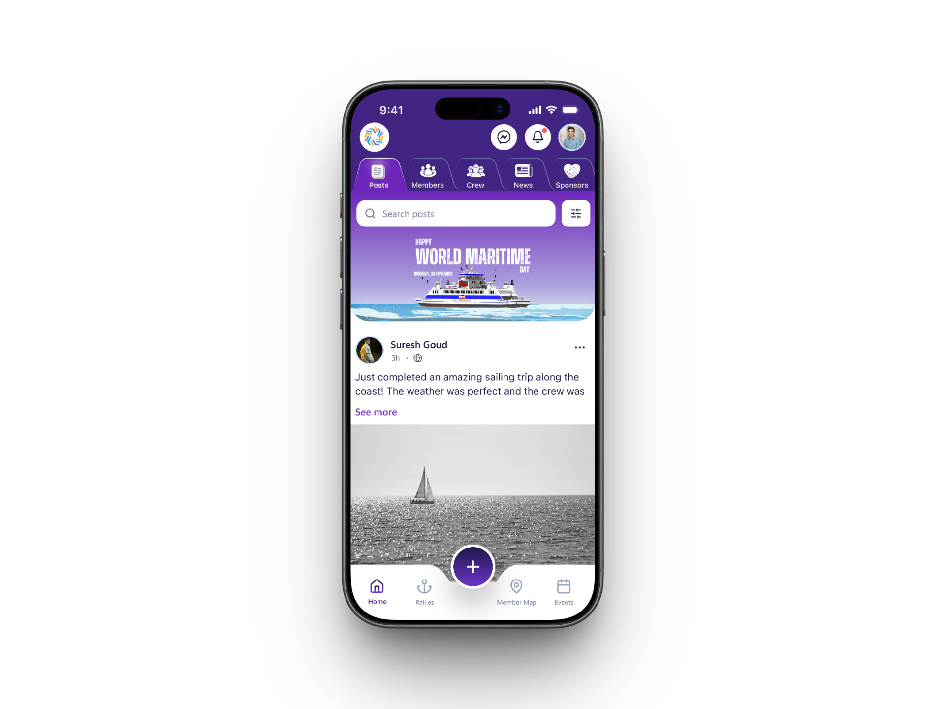 Qennect sailing app social feed with a member's sailing trip post