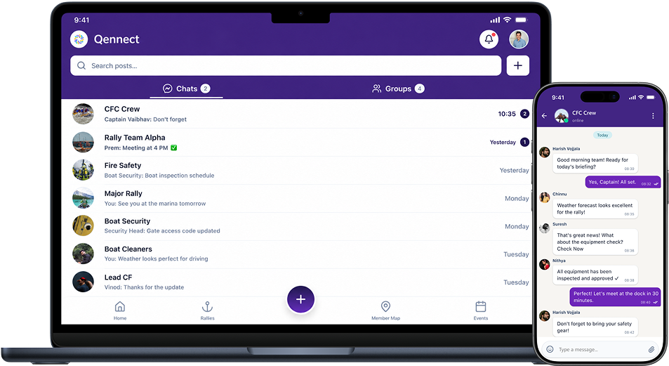 Qennect sailing community platform shown on laptop and phone, with crew group chats and a live conversation open
