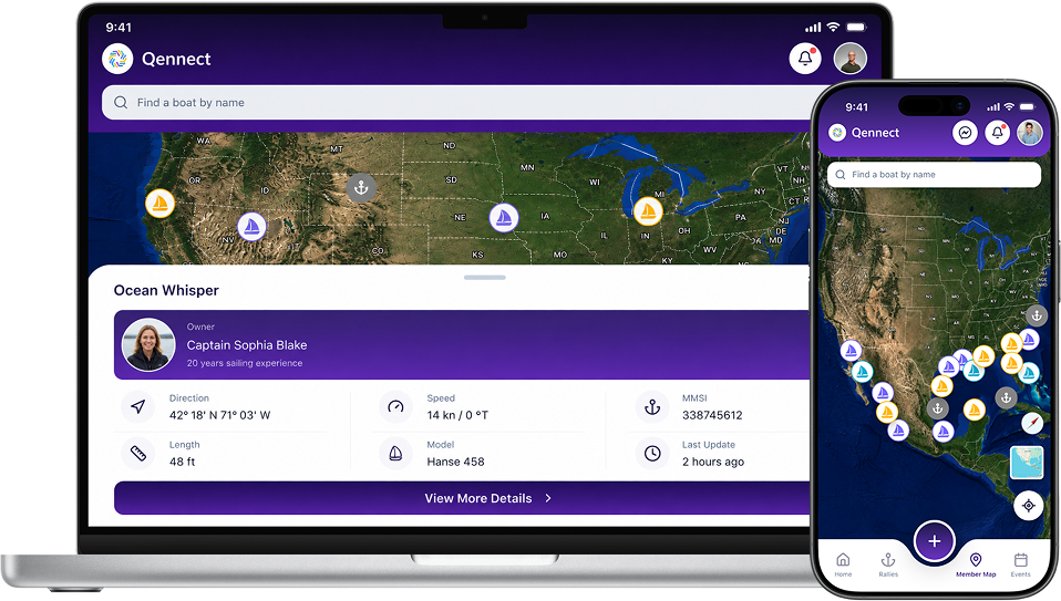 Qennect community platform shown on laptop and phone, with the live member map open