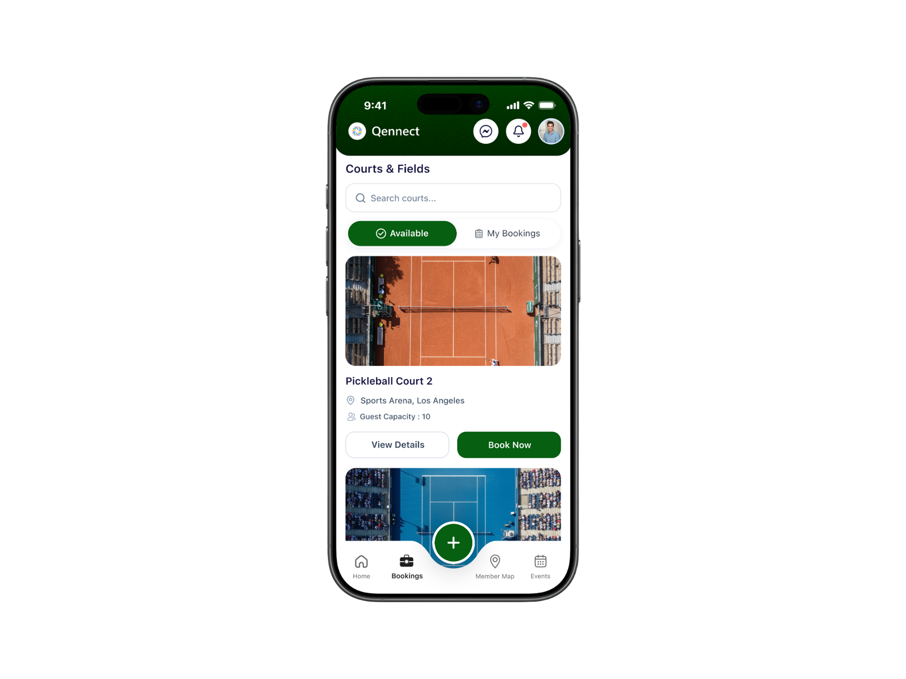 Qennect sports app court bookings list with an available pickleball court