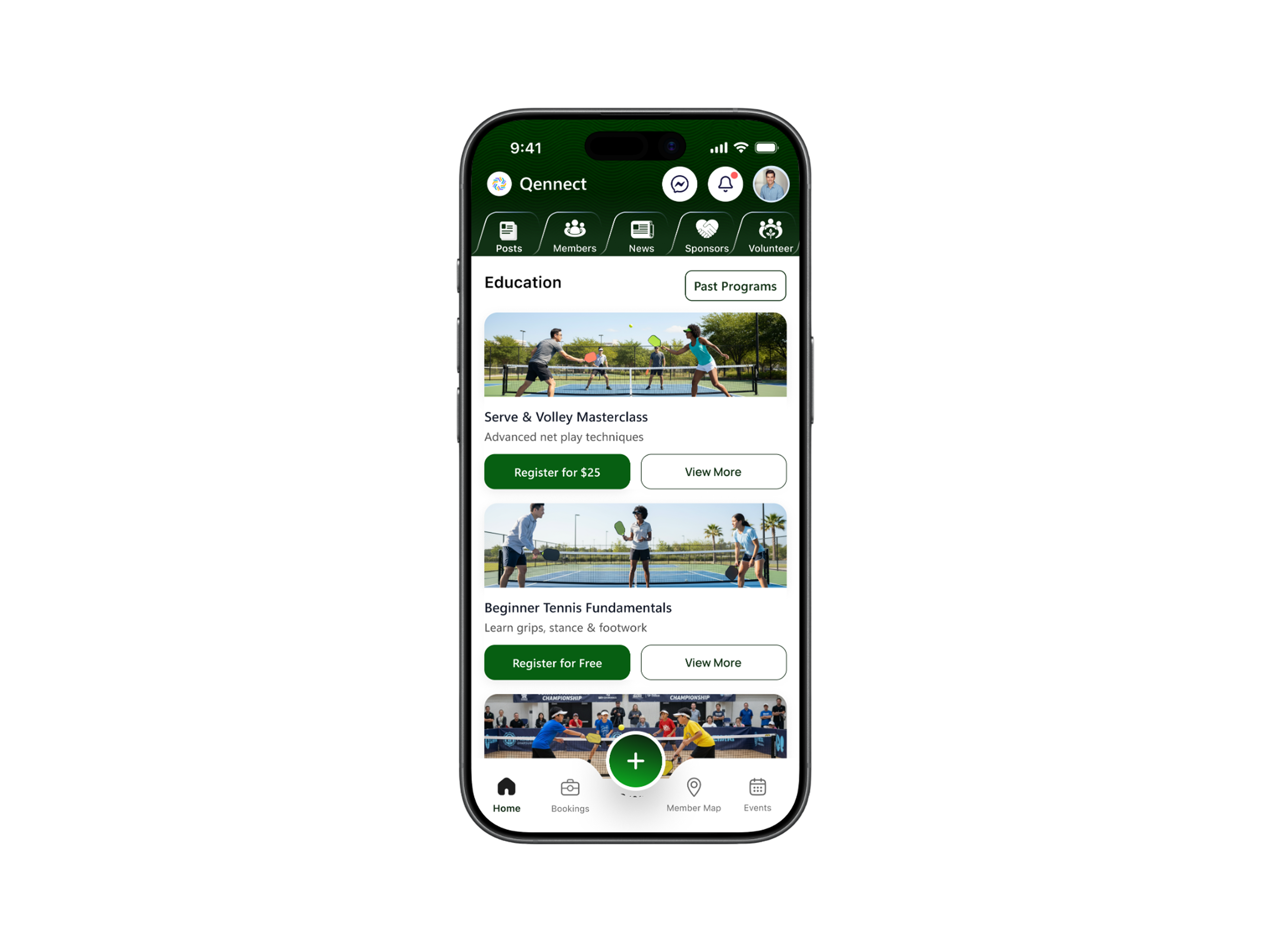 Qennect sports app education programs including a serve and volley masterclass