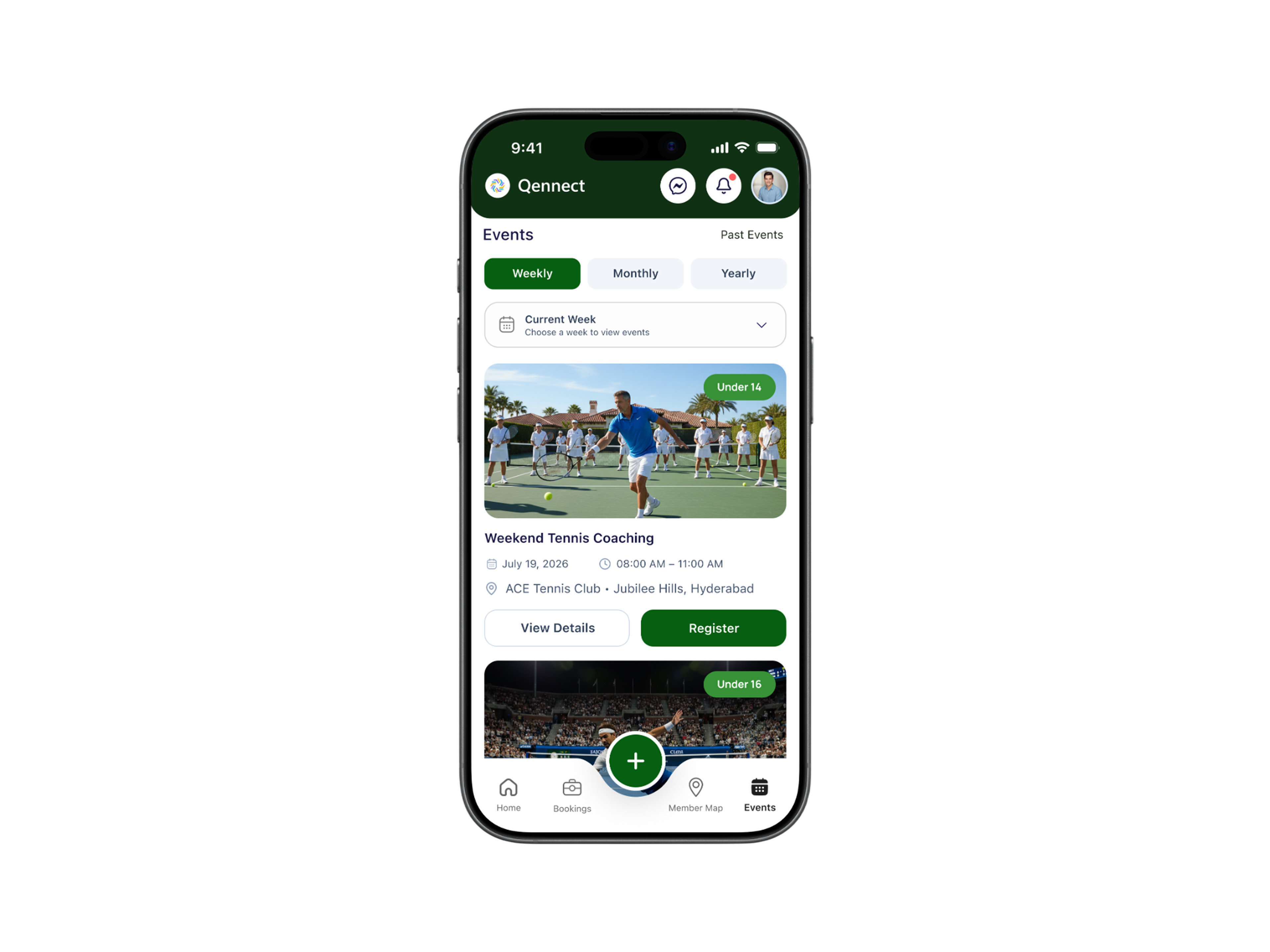 Qennect sports app events calendar showing weekend tennis coaching