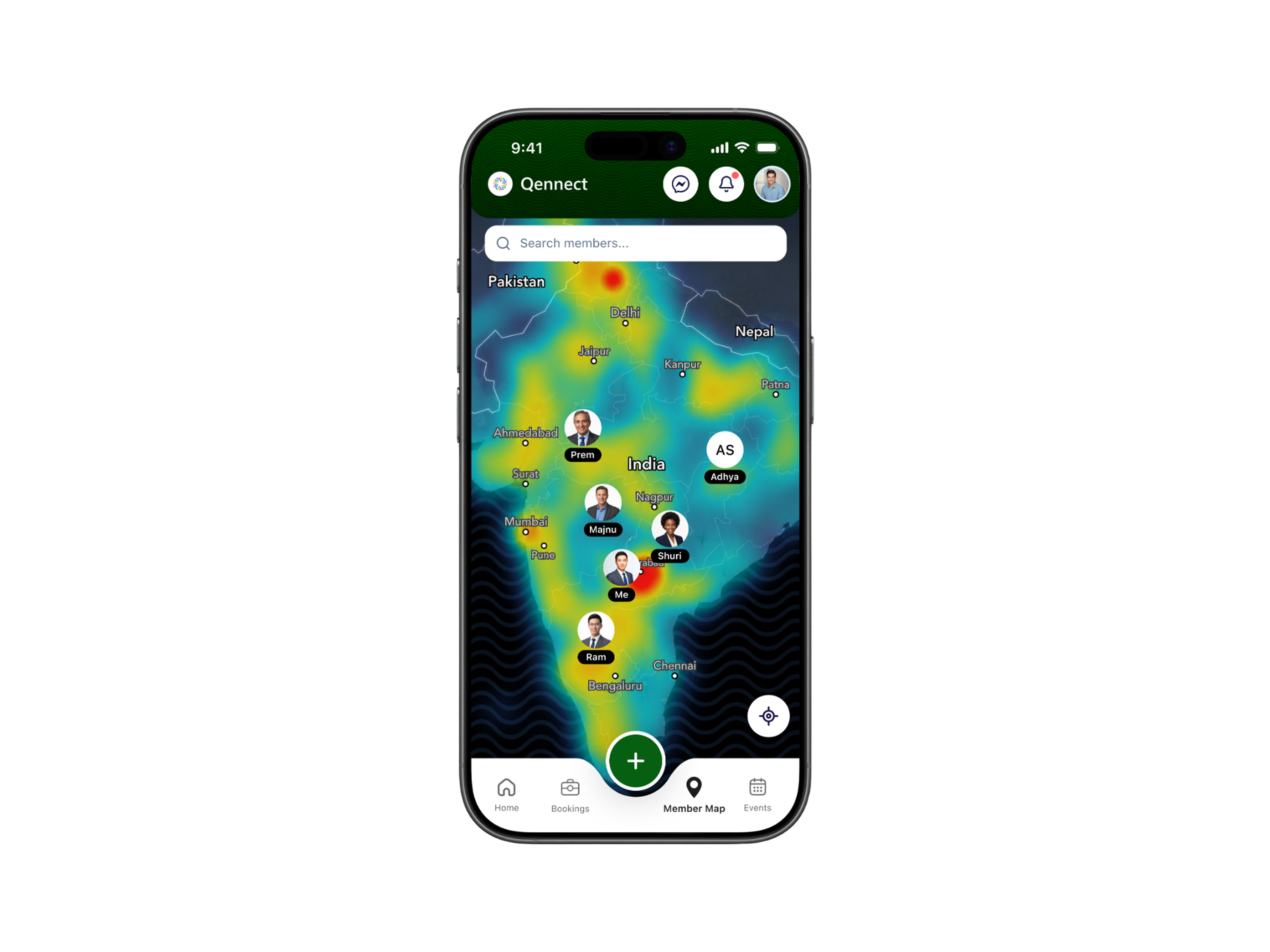 Qennect sports app member map with players pinned across India