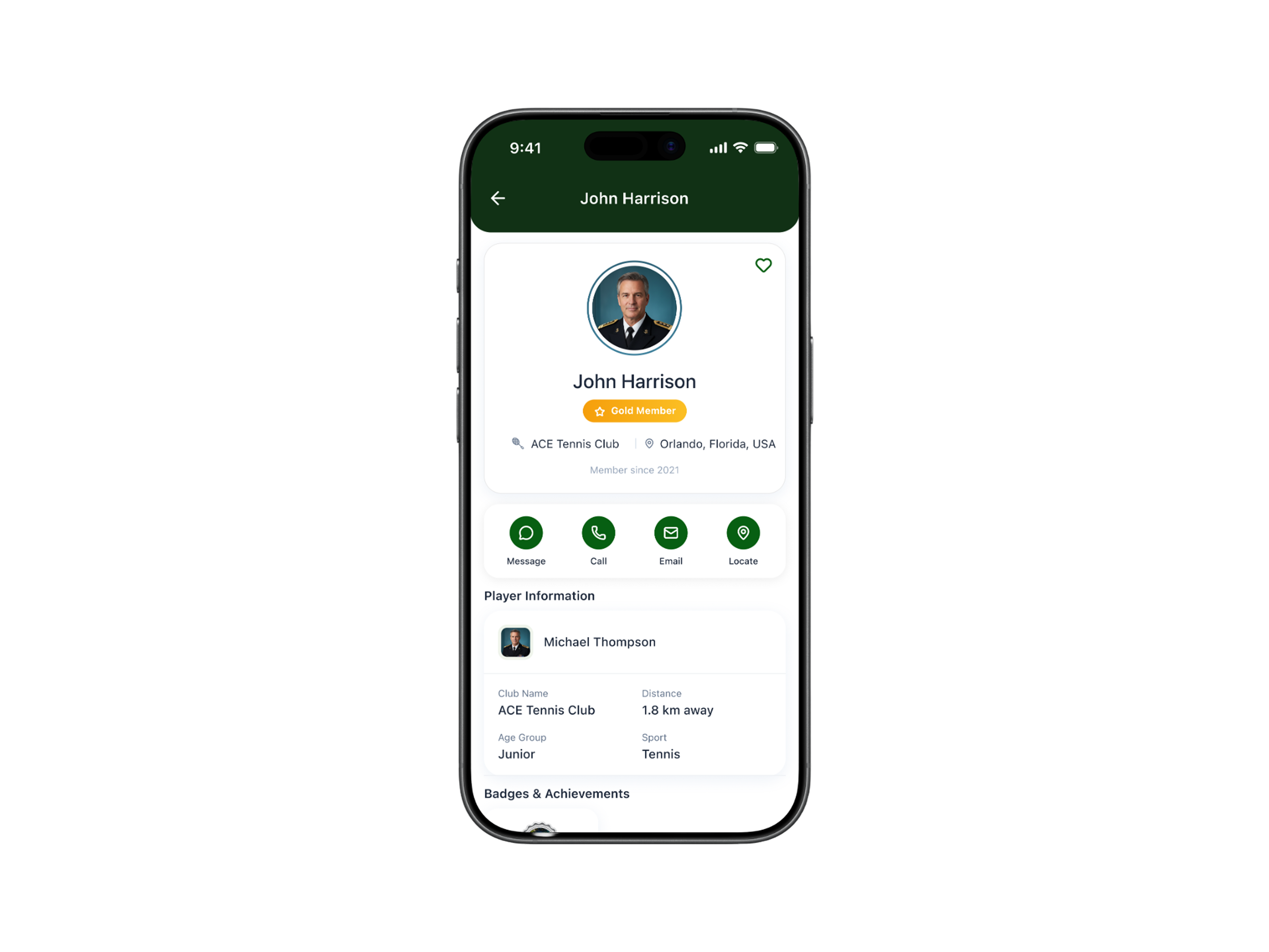 Qennect sports app member profile showing player and club details