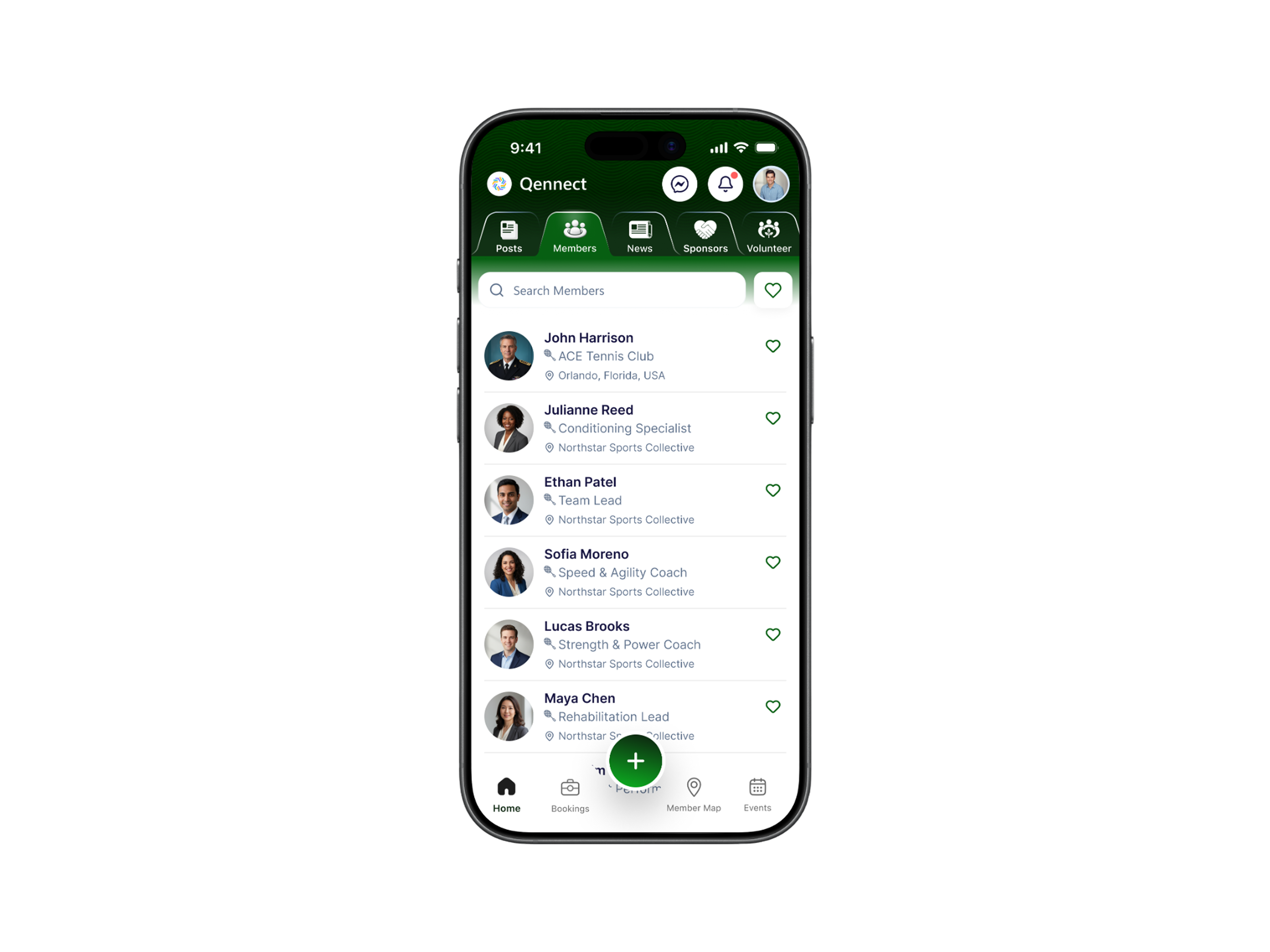 Qennect sports app member directory listing coaches and their clubs