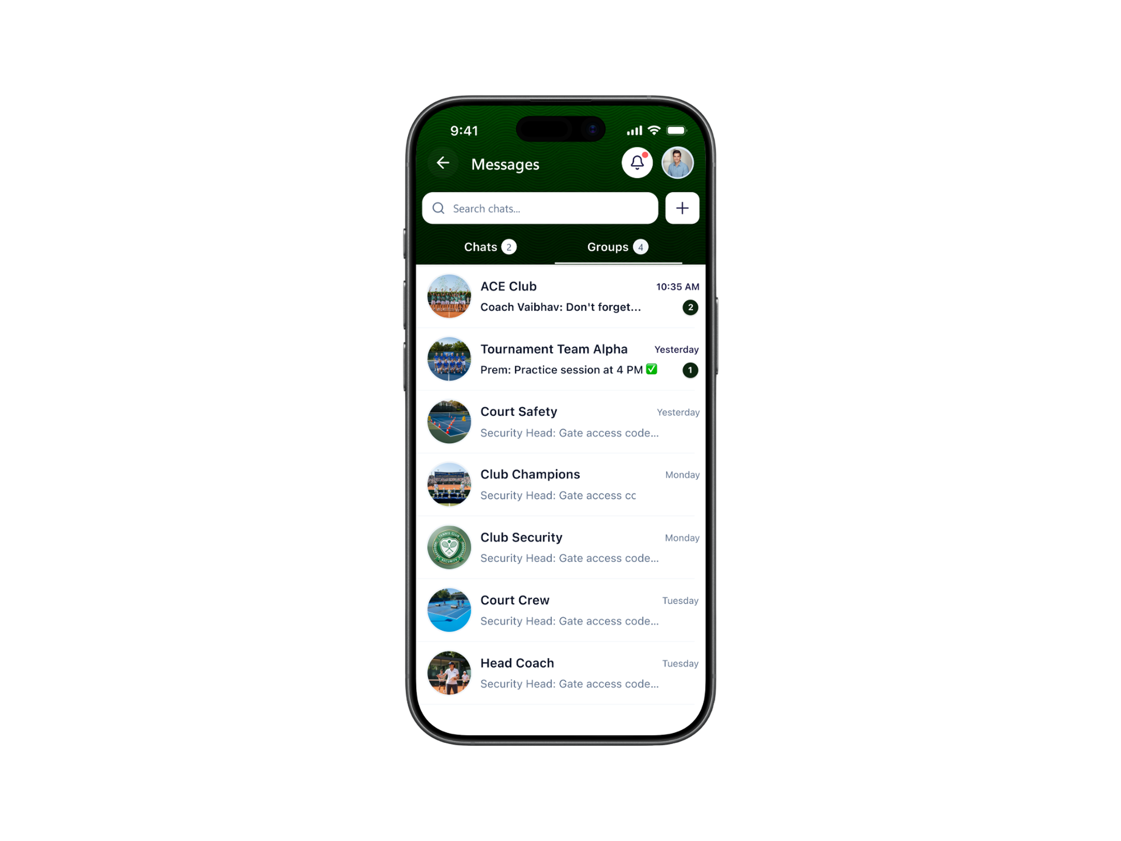 Qennect sports app group chat list showing club teams and staff