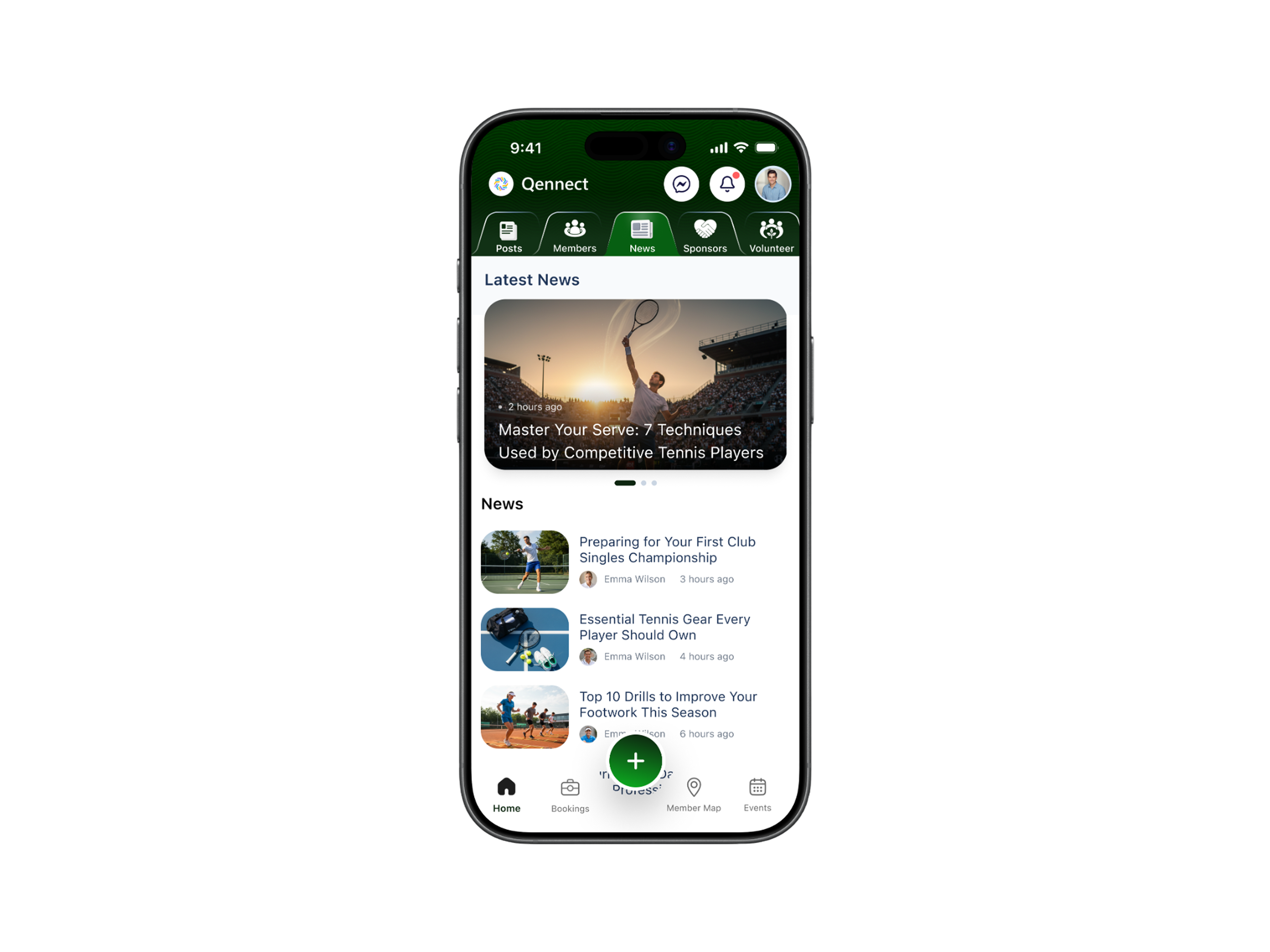 Qennect sports app news feed with featured tennis articles