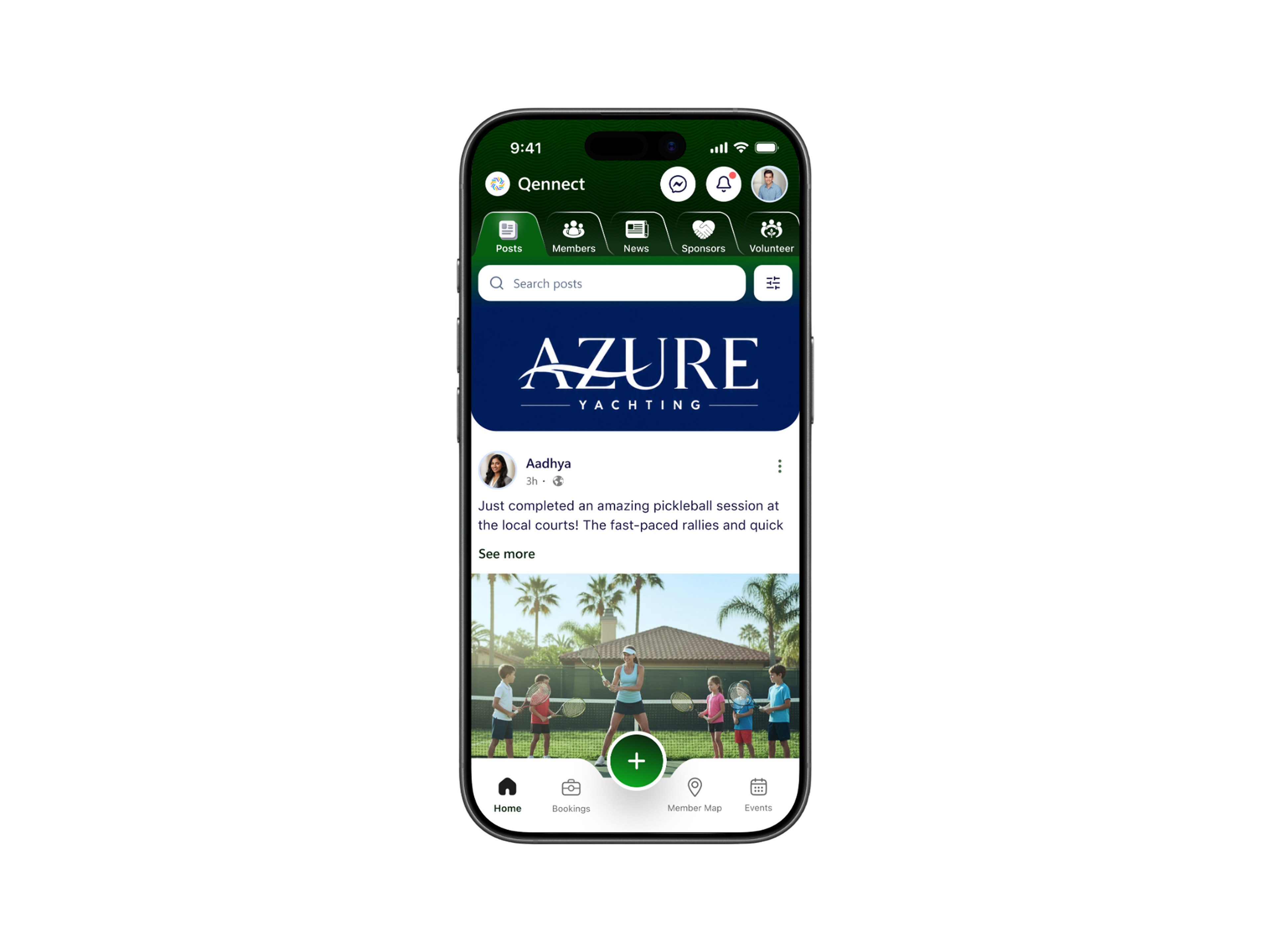 Qennect sports app community feed with a member's pickleball post