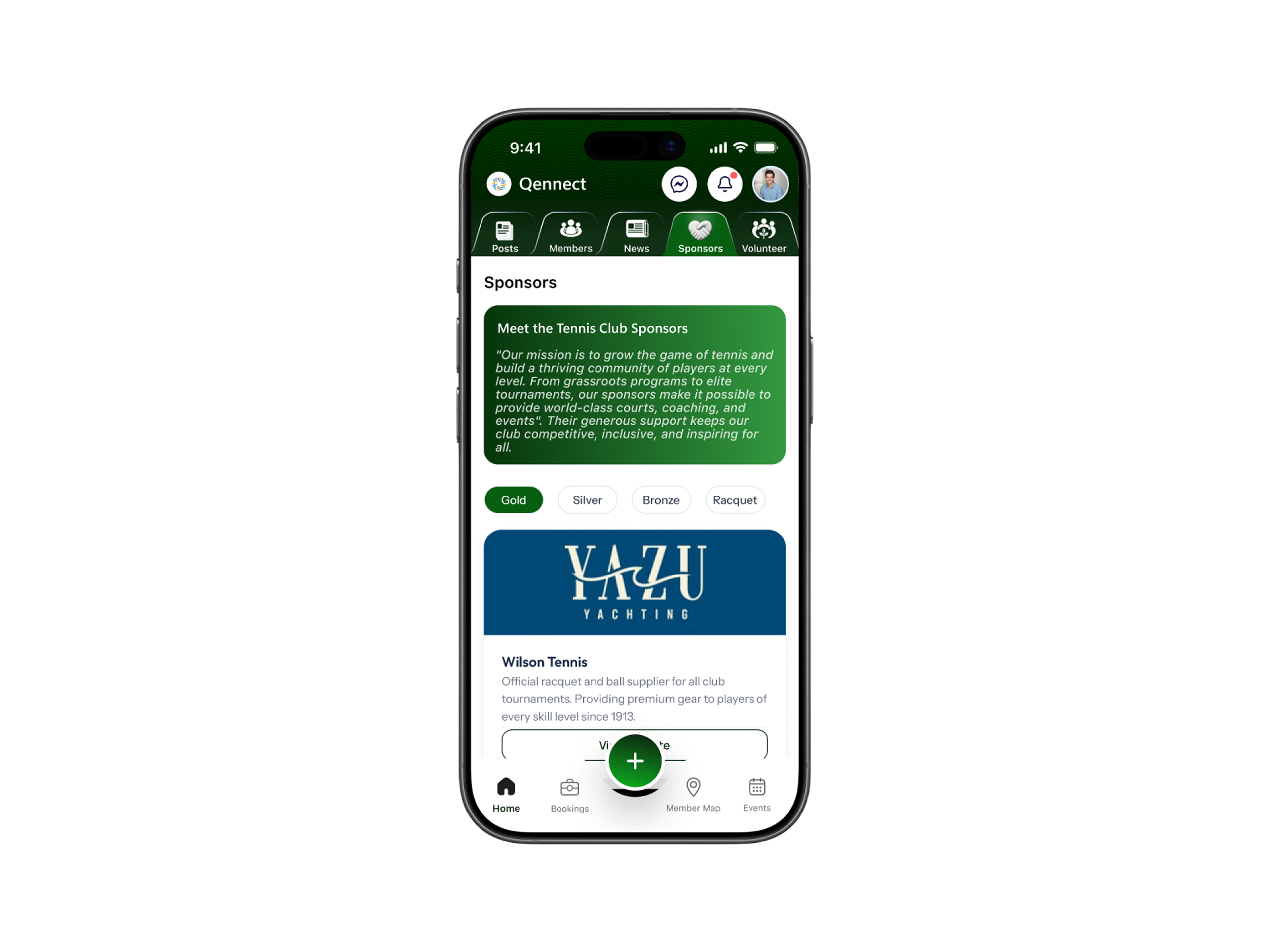 Qennect sports app sponsors list showing gold-tier partners