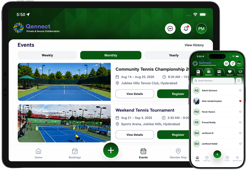 Qennect sports community dashboard shown on laptop and phone